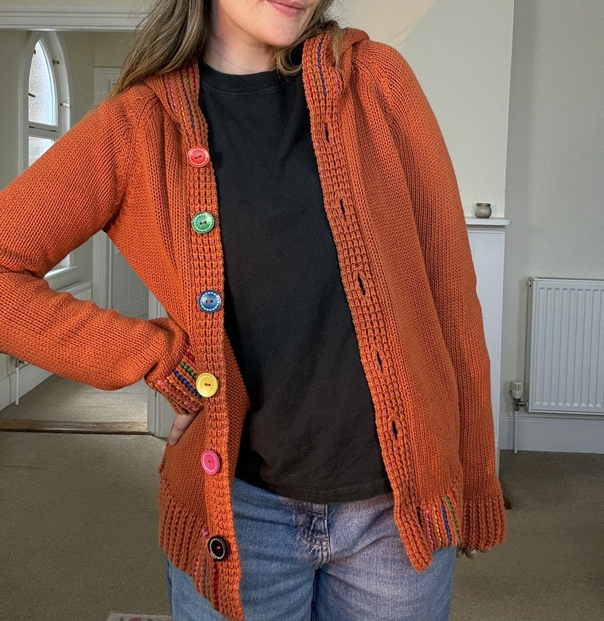 Vintage Y2K Size S 6-10 Reworked Orange Cotton Funky Hooded Slouchy Cardigan H&M
