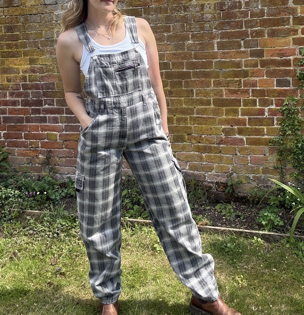 Vintage Size XS 6-8 Grey Check Denim Worker Dungarees C&A