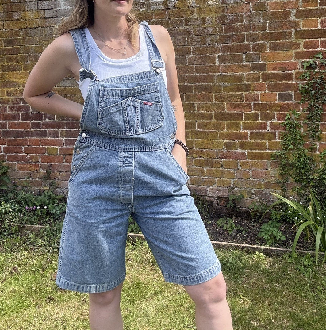 Vintage 90s Size S 8-10 Blue Denim Worker Dungaree Shorts Rifle