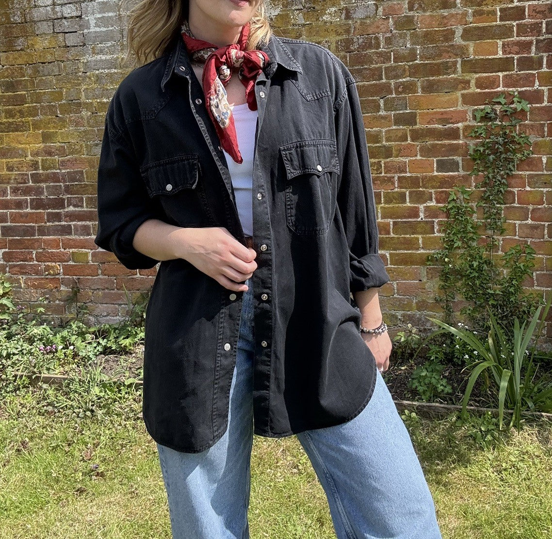 Vintage Size 2XL  16-20 Black Western Worker Denim Shirt World Of Jeans