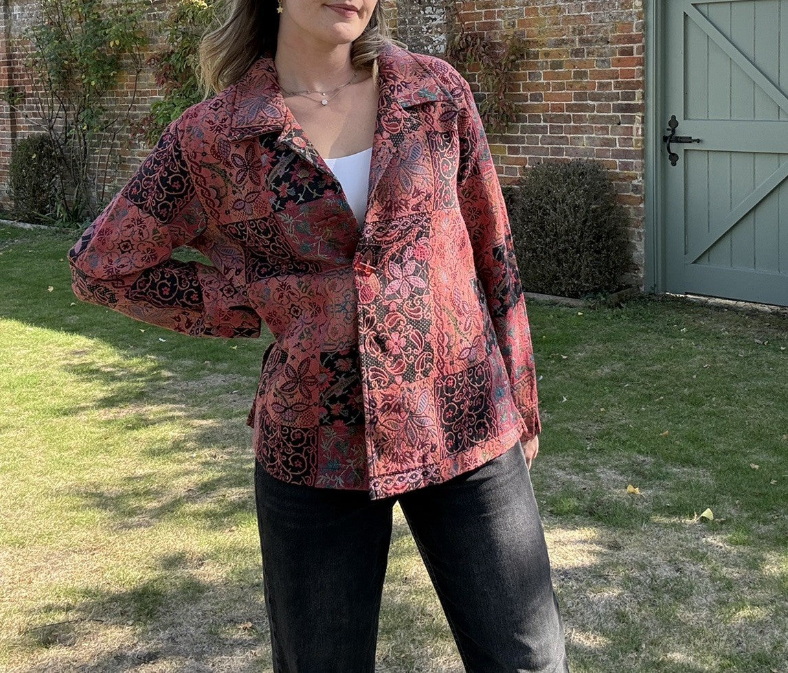 Vintage Size M 10-14 Pink Boho Patchwork Tapestry Jacket by Travel Smith