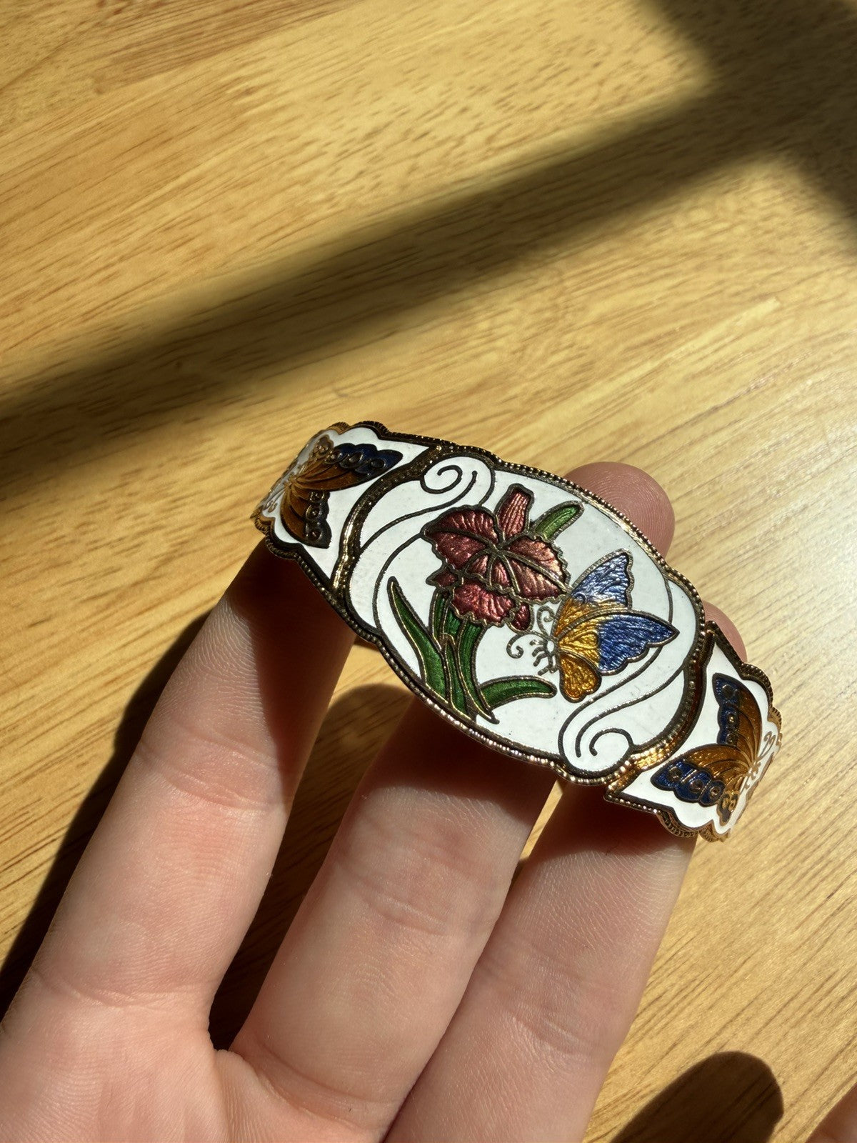 Vintage White Gold Cloisonne Butterfly Hinged Cuff Bracelet Bangle