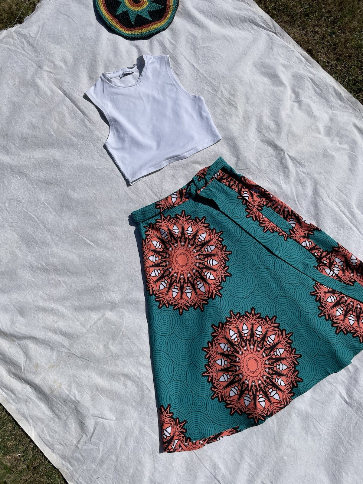 Vintage Free Size 6-16 Teal Bohemian Patterned Wrap Midi Skirt