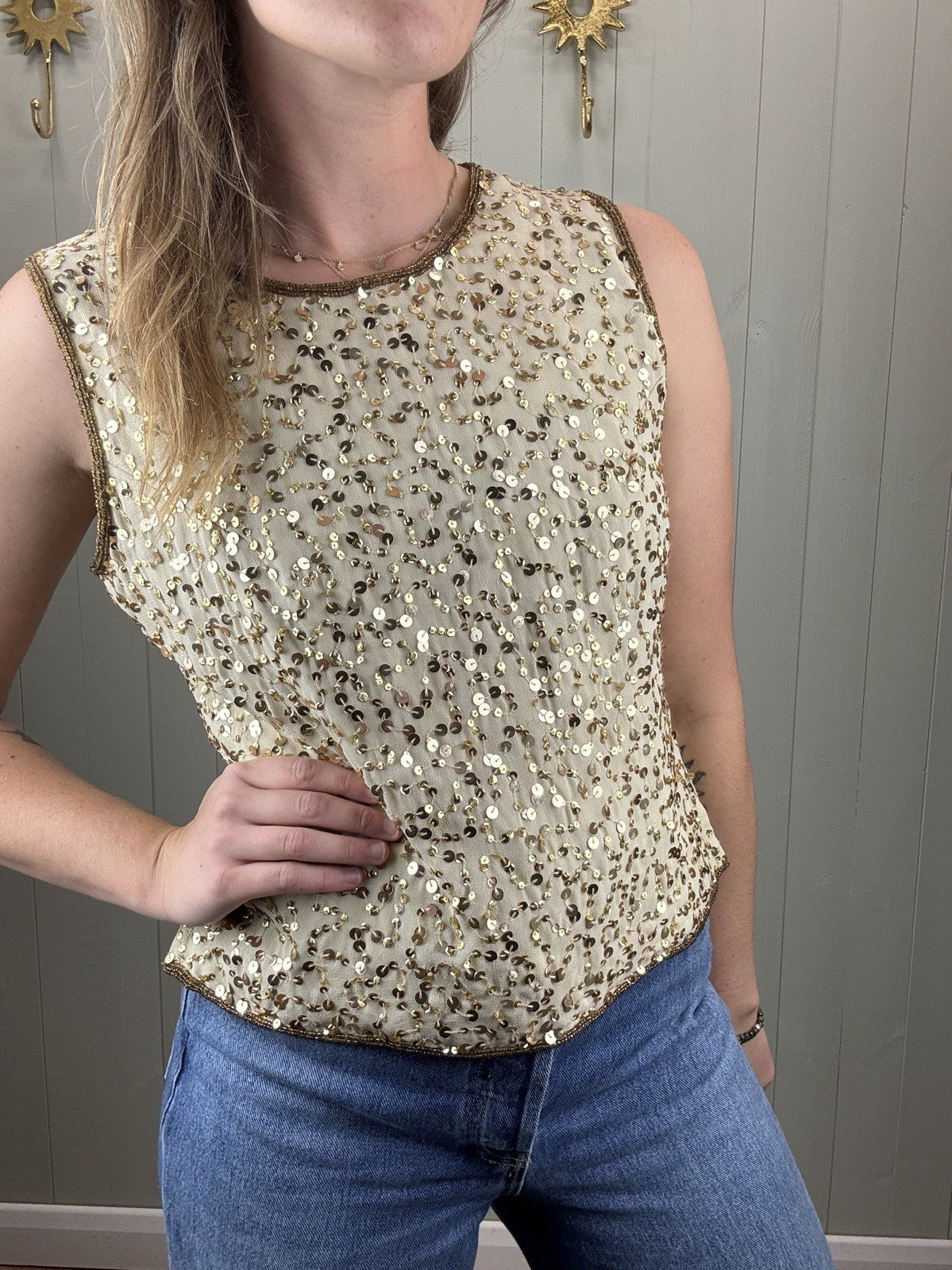 Vintage Size XS 6-8 Gold Embellished Sequin Silk Sleeveless Top Pomodoro