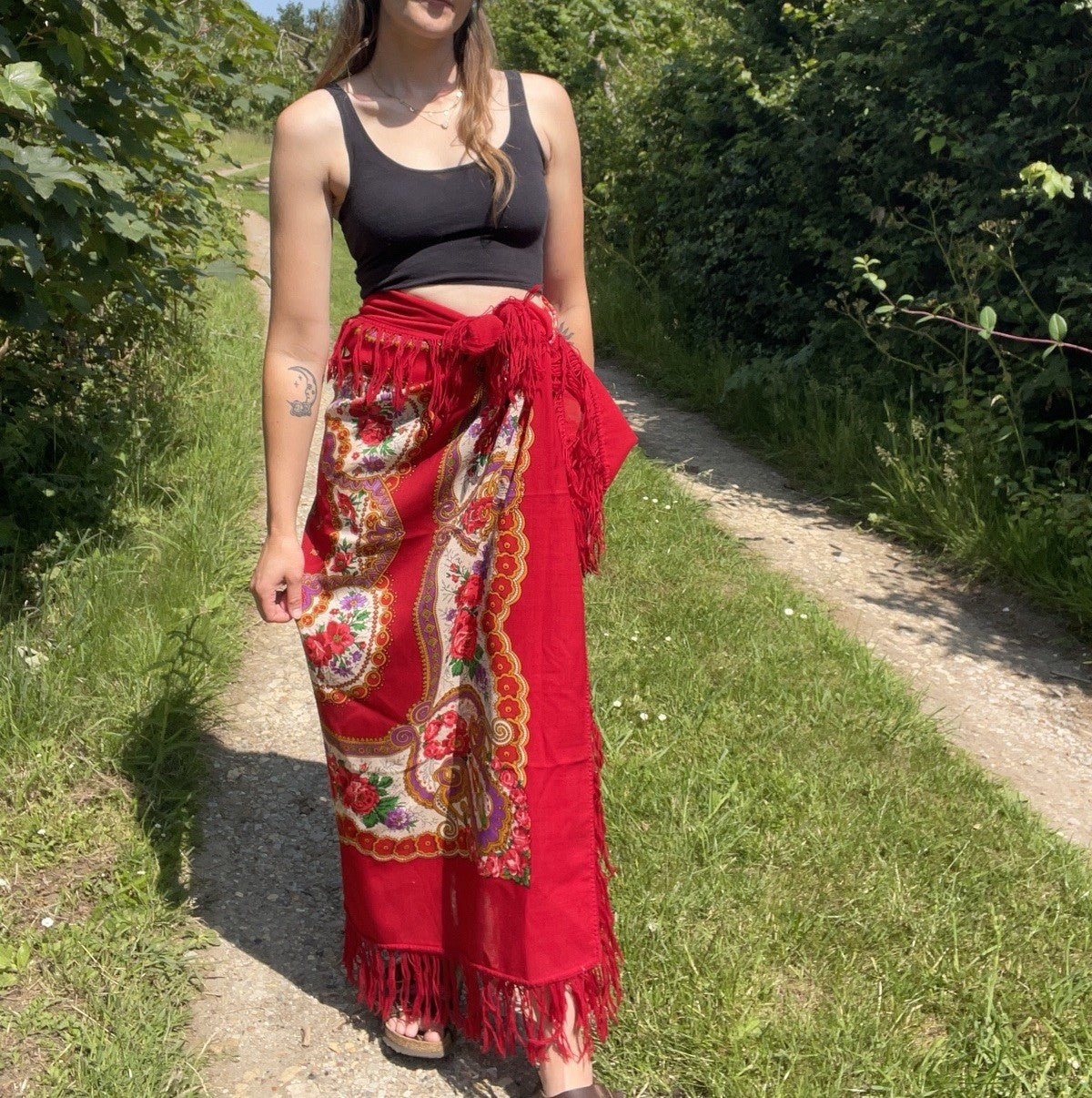 Vintage Red Gypsy Folk Floral Tasseled Large Scarf/Shawl/Sarong