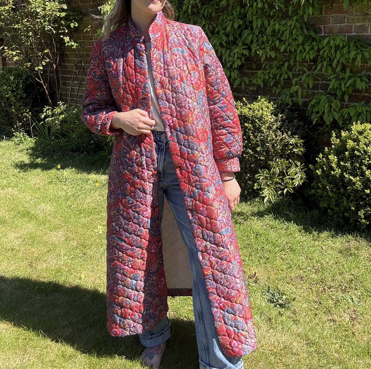 Vintage Size L 12-14 Red Quilted Paisley Long Bed Jacket