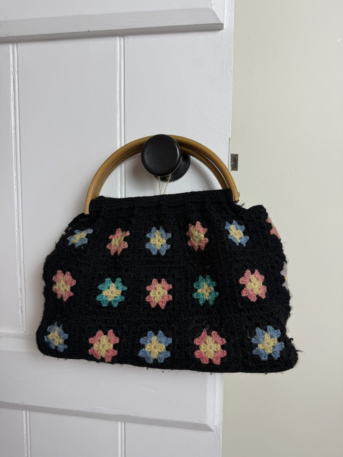 Vintage Black Flower Power Crochet Granny Square Knit Bag