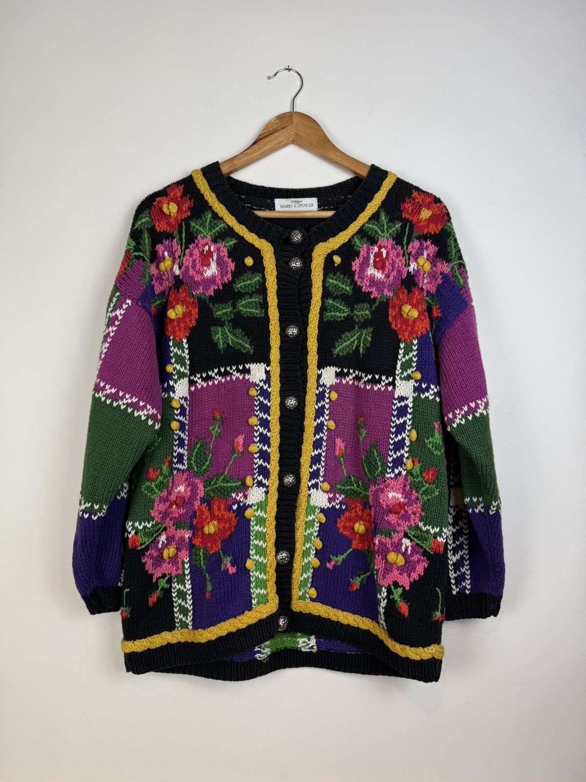 Vintage Size L 8-14 Black Chunky Cotton Knit Flower Cardigan St Michael