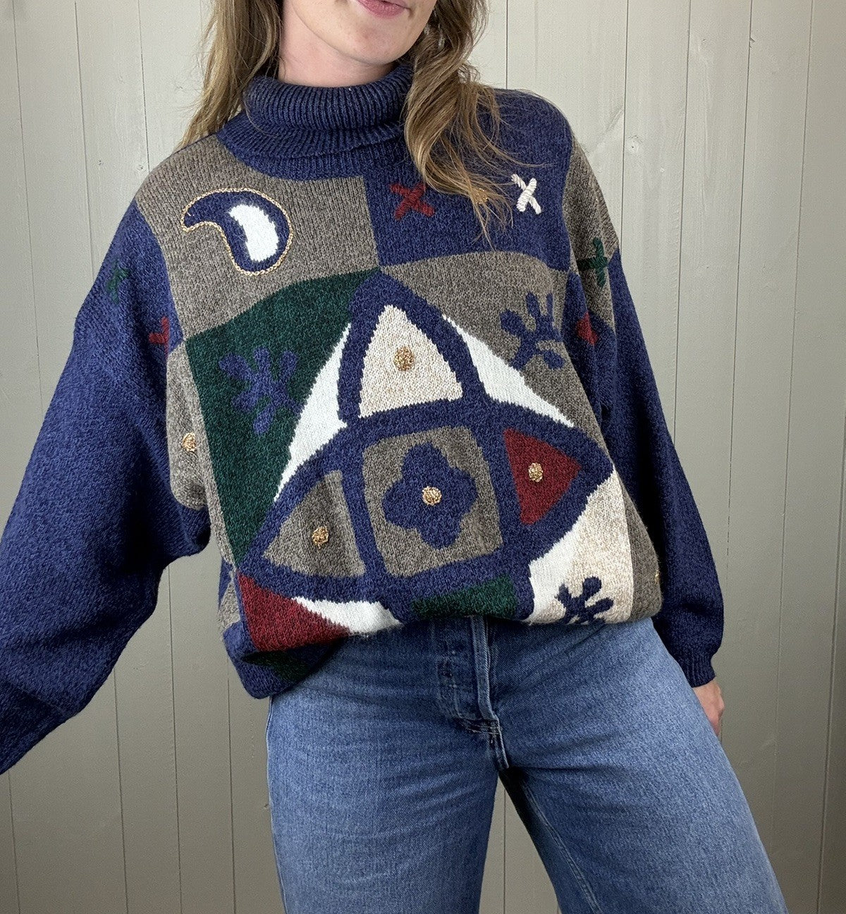 Vintage Size 2XL 12-20 Purple Whimsical Witch Roll Neck Knit Jumper New Fast C&A