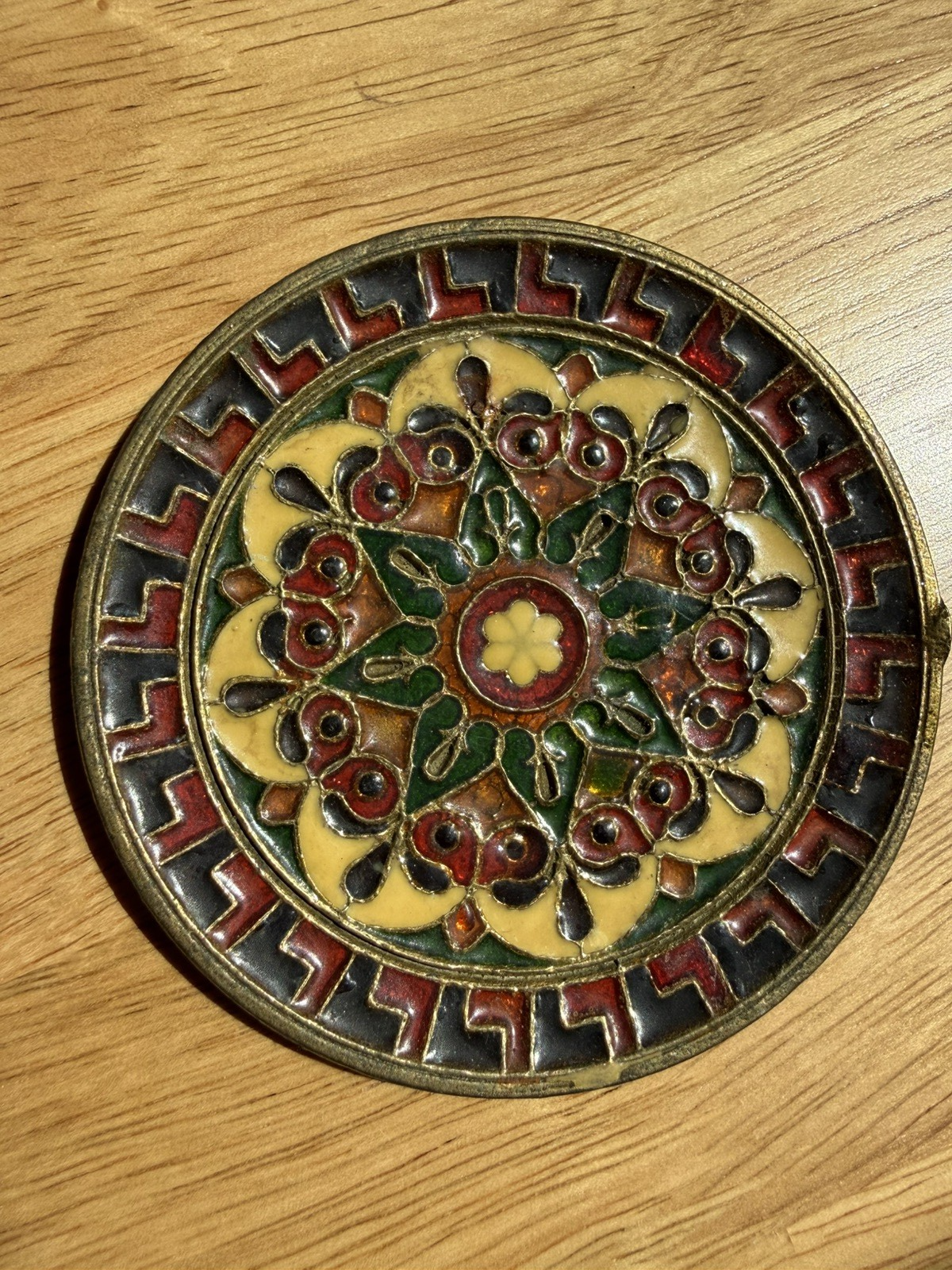 Vintage Small Byzantine Mosaic Brass Enamel Wall Decoration Plaque