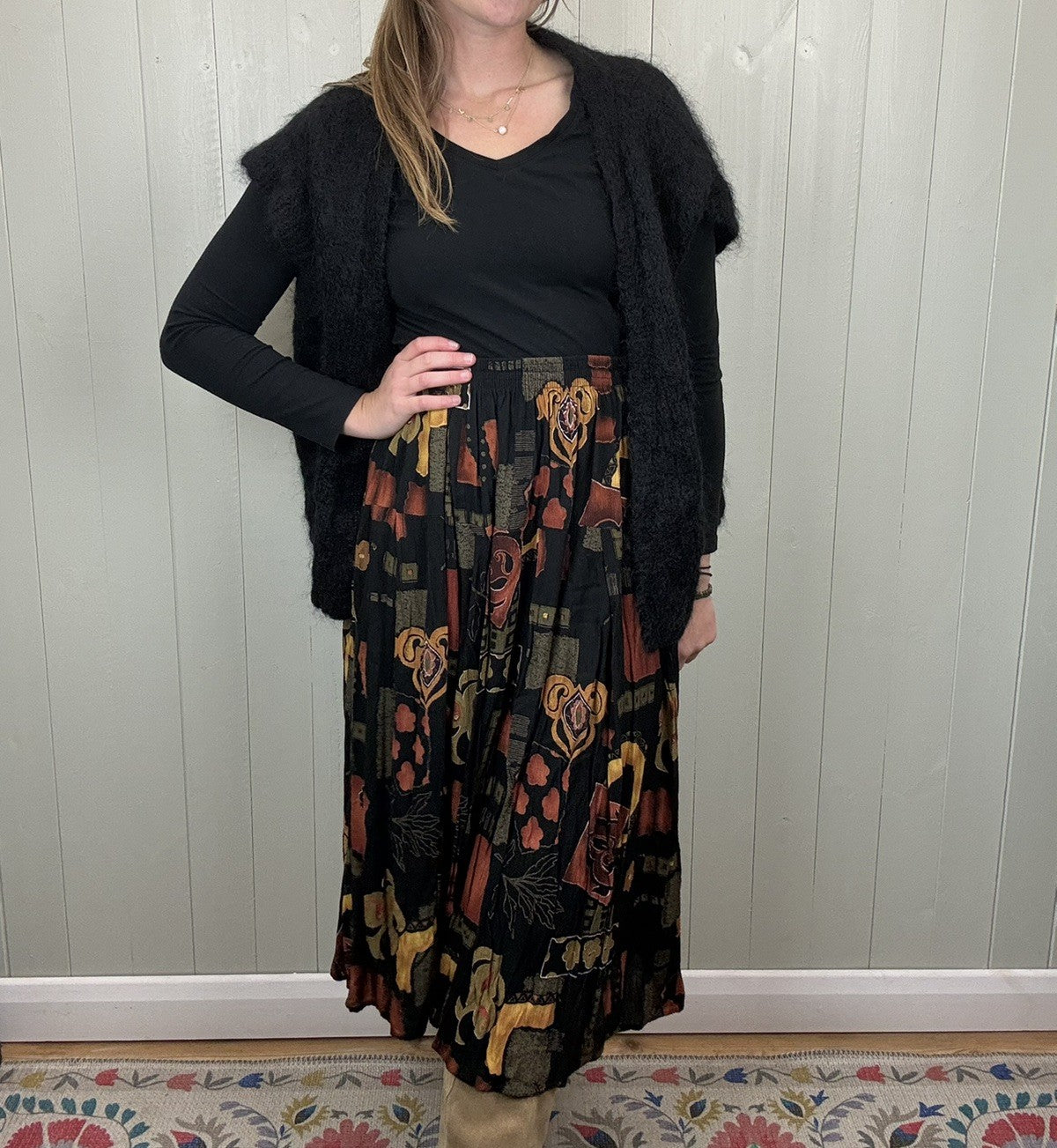 Vintage Free Size 8-16 Black Earthy Boho Patterned Midi Skirt