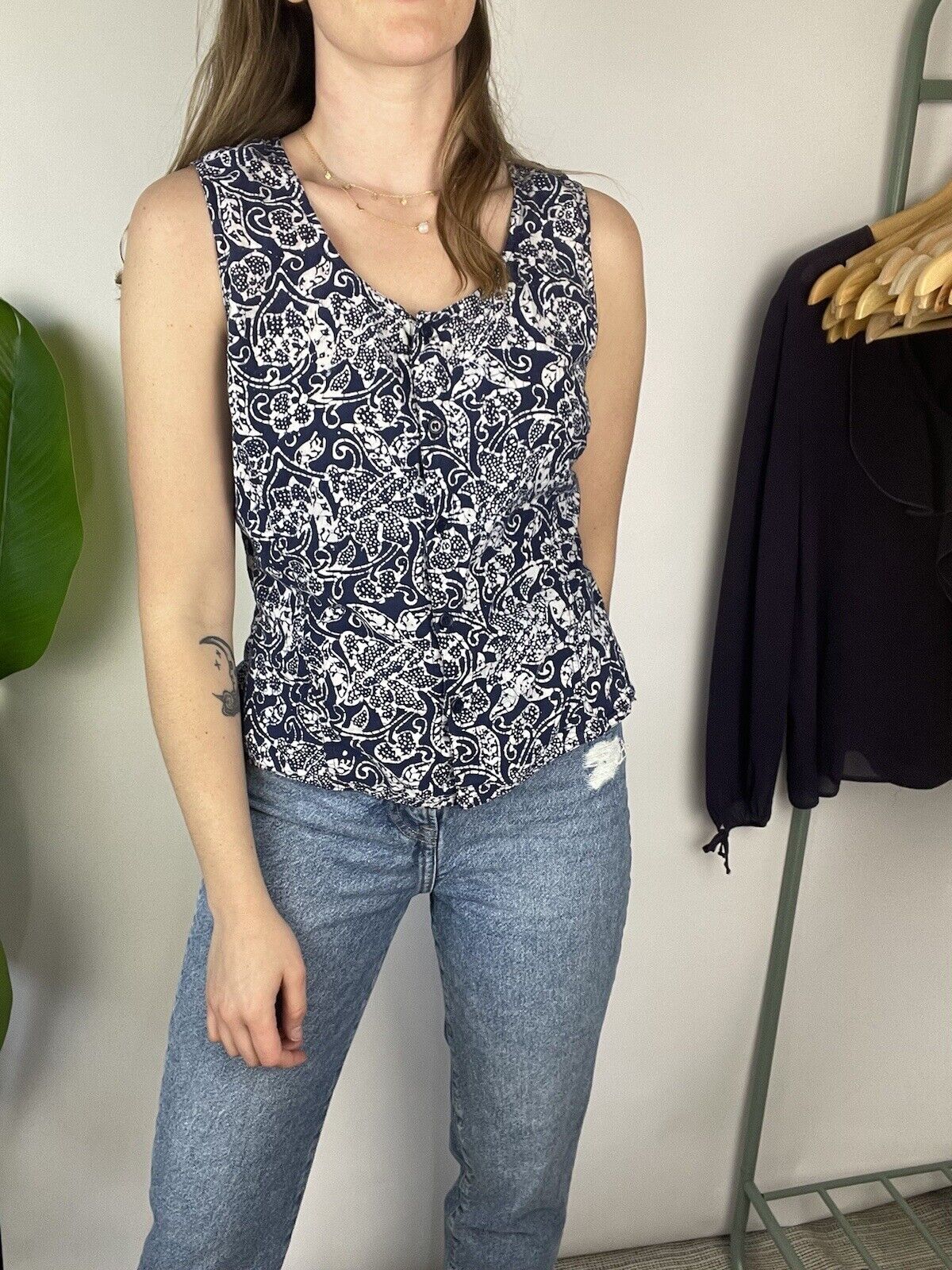 Vintage 70s Size S 6-10 Navy Cotton Boho Patterned Summer Top Monsoon