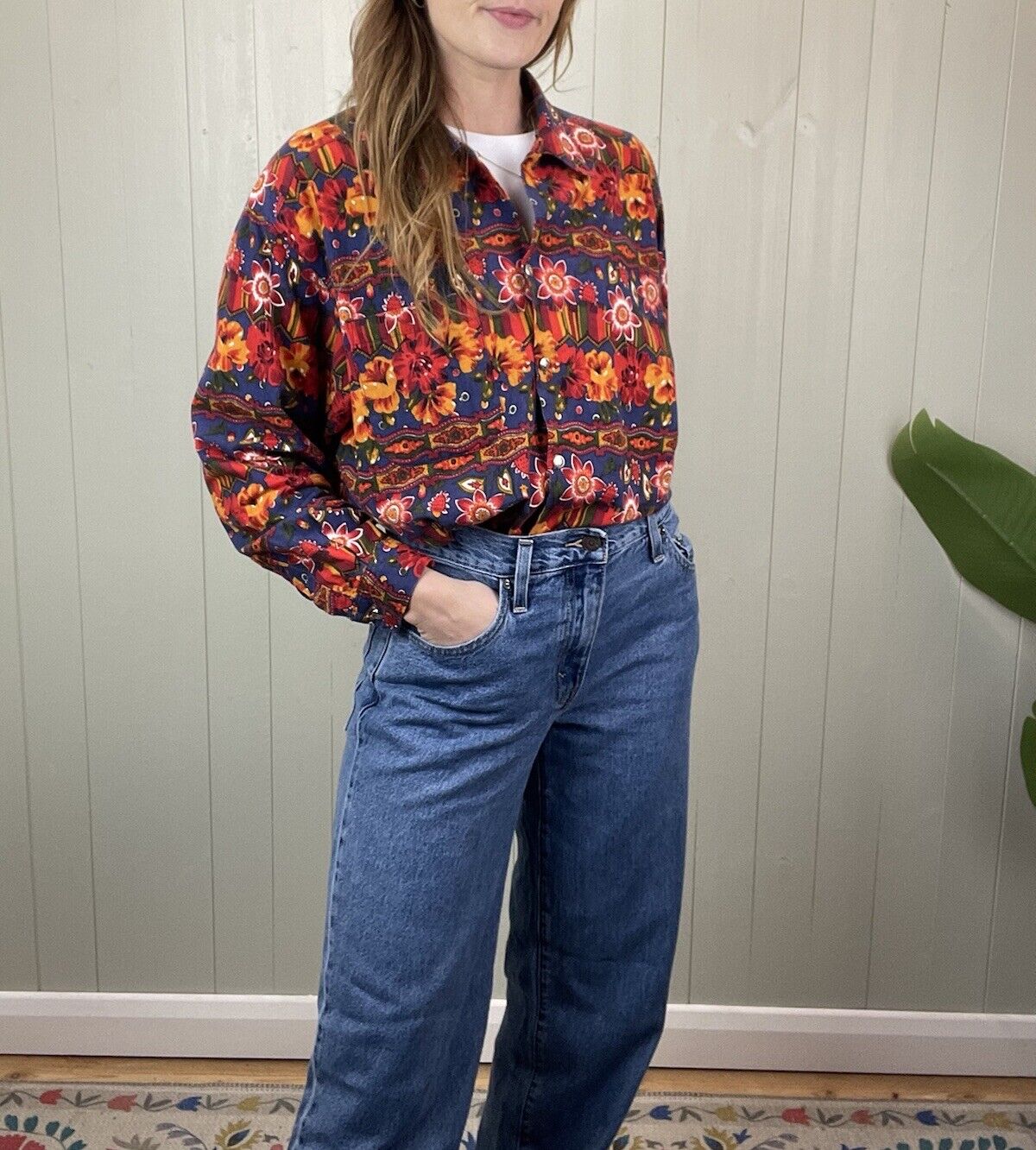 Vintage Size L 12-14 Blue Red Cottage Floral 100% Cotton Shirt St Michael