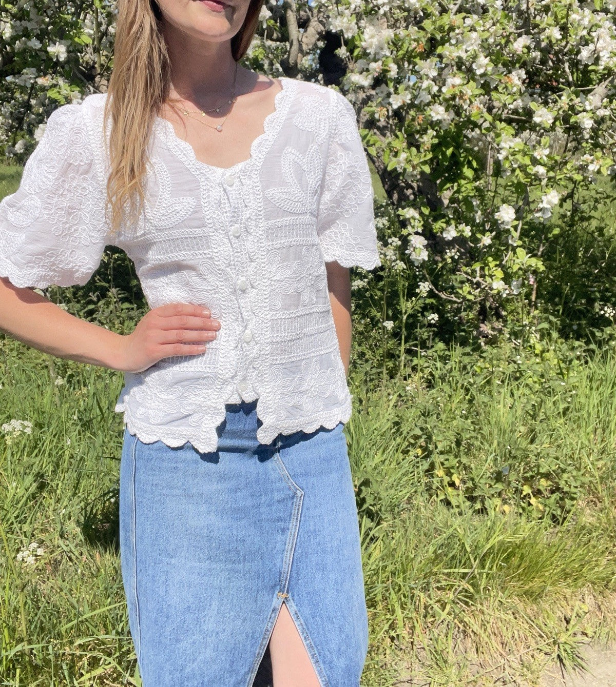 Size S 8-10 White Embroidered Cotton Peasant Folk Summer Top Blouse