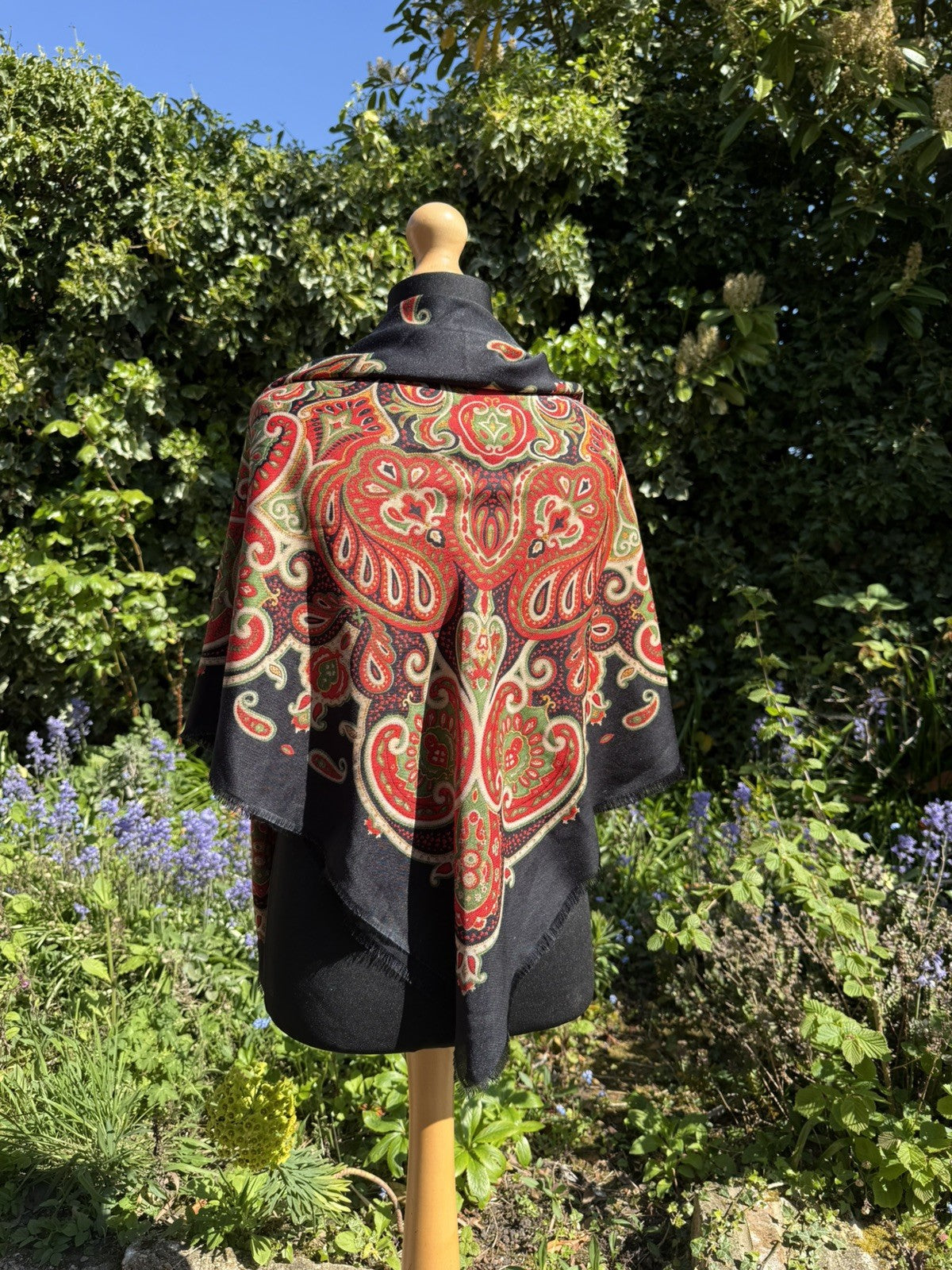 Vintage 1970s Black Boho Paisley Large Neck Scarf Shawl Sarong