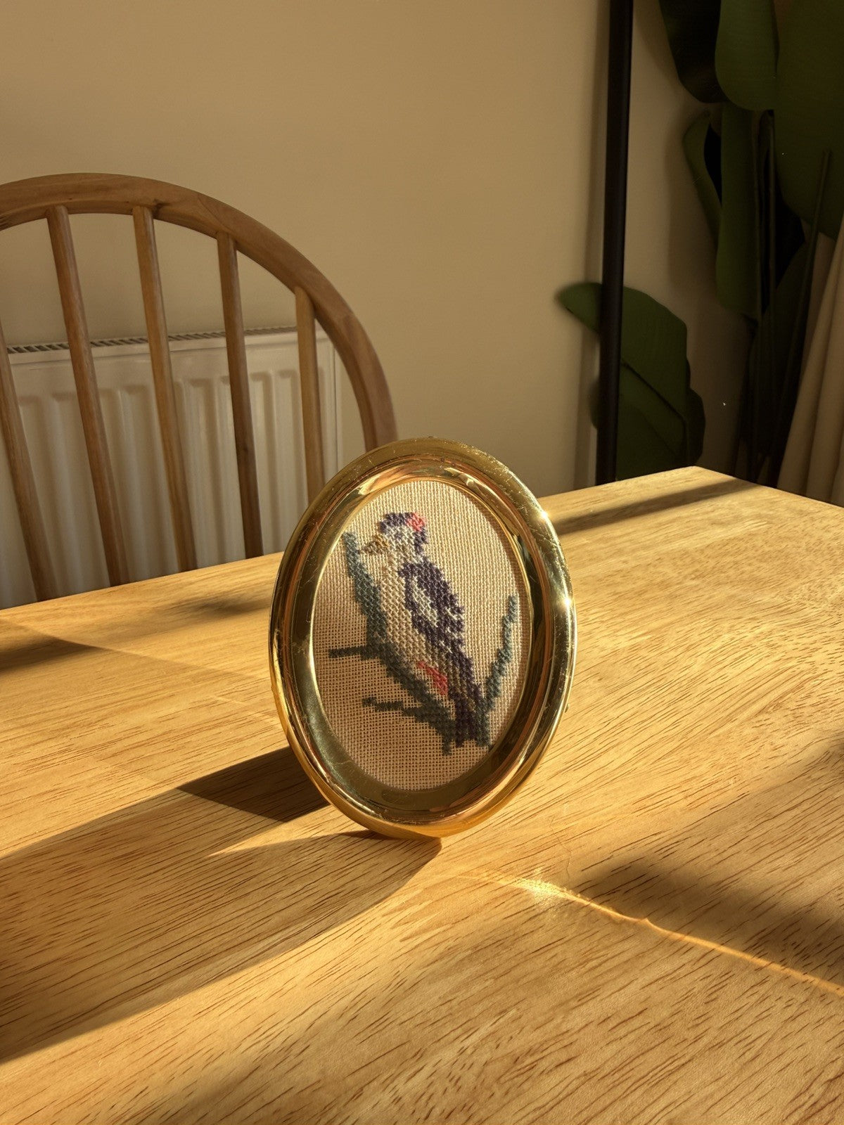 Small Vintage Handmade Framed Oval Bird Cross Stitch