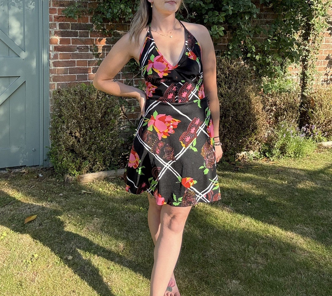 Vintage 70sSize XS 6-8 Black Floral Halterneck Summer Mini Dress
