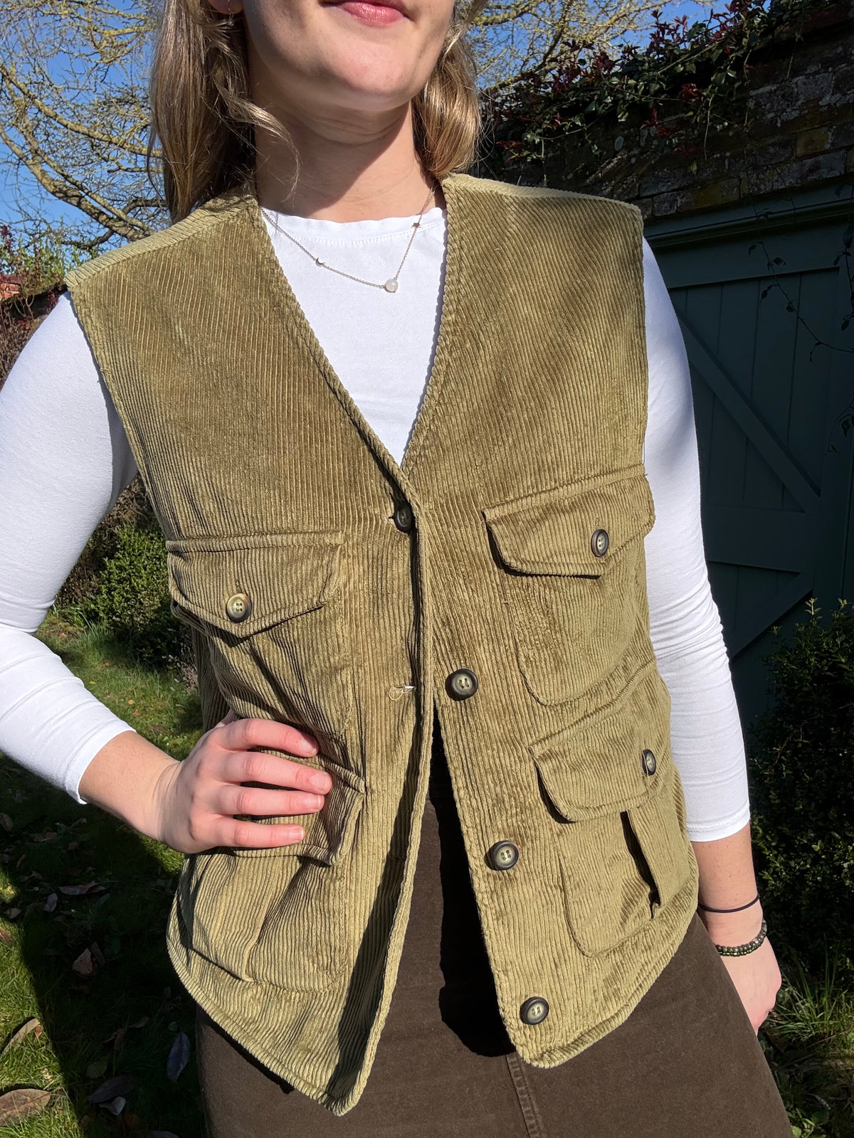 Vintage Size L 12-14 Green Corduroy Button Waistcoat Green Leaves