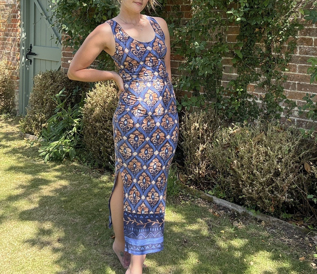 Vintage 90s Size S 6-10 Stretchy Whimsical Slip Midi Dress by Clockhouse