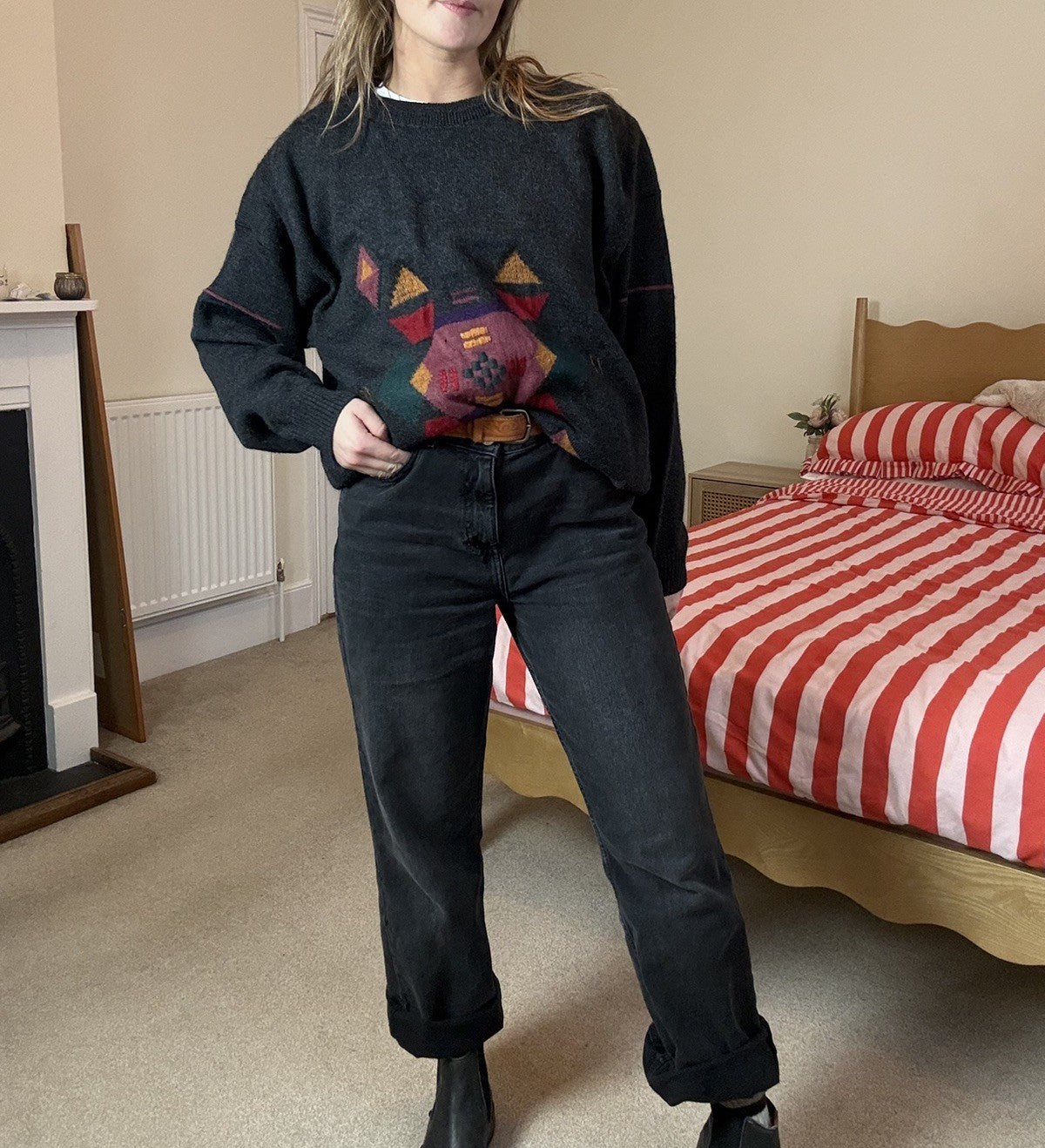 Vintage Size XL 12-18 Dark Grey Funky Patterned Knit Jumper Louise Estere