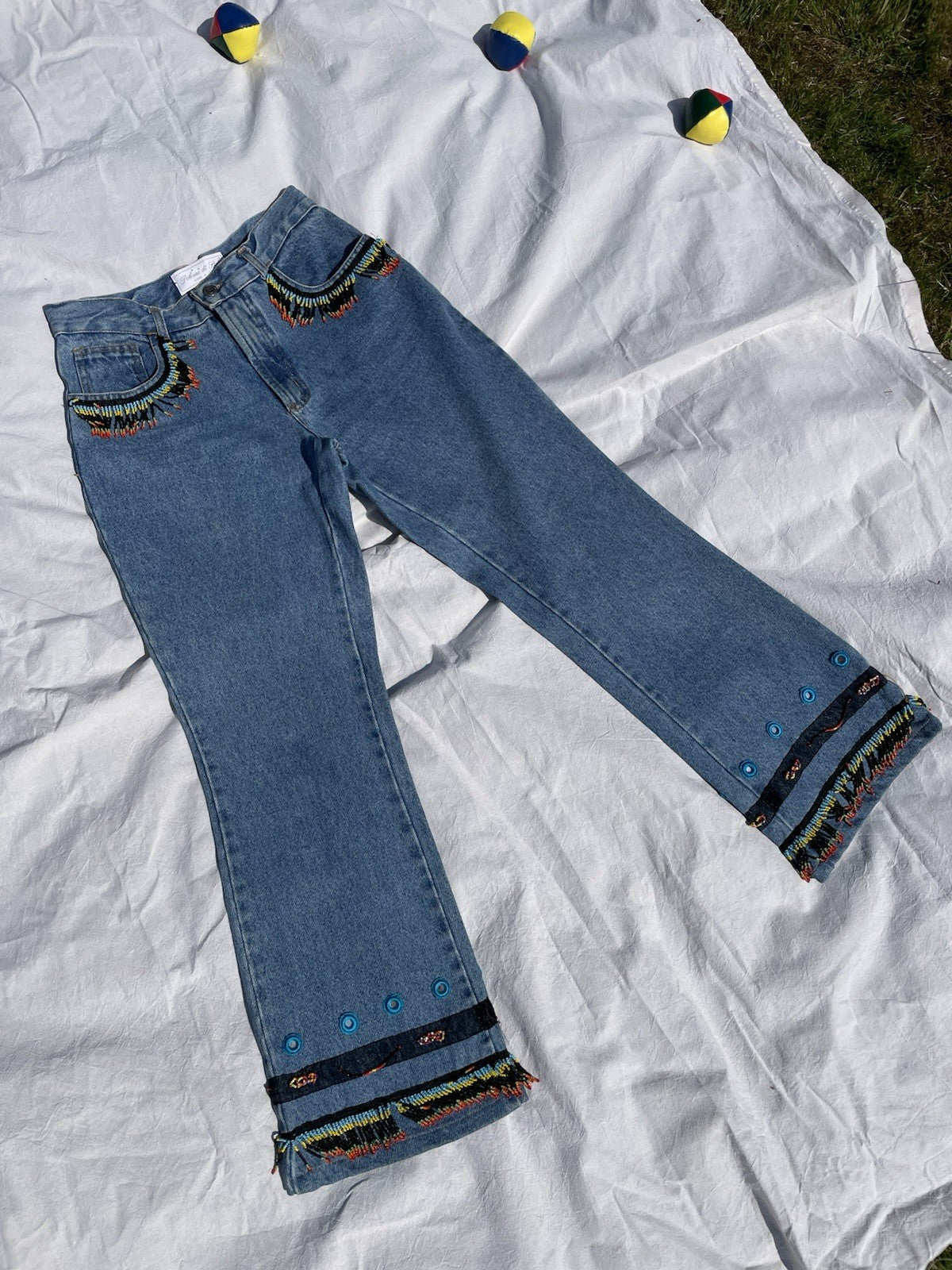Vintage 90s Size 8 Blue Beaded Kick Flare Jeans Polvere Di Stelle