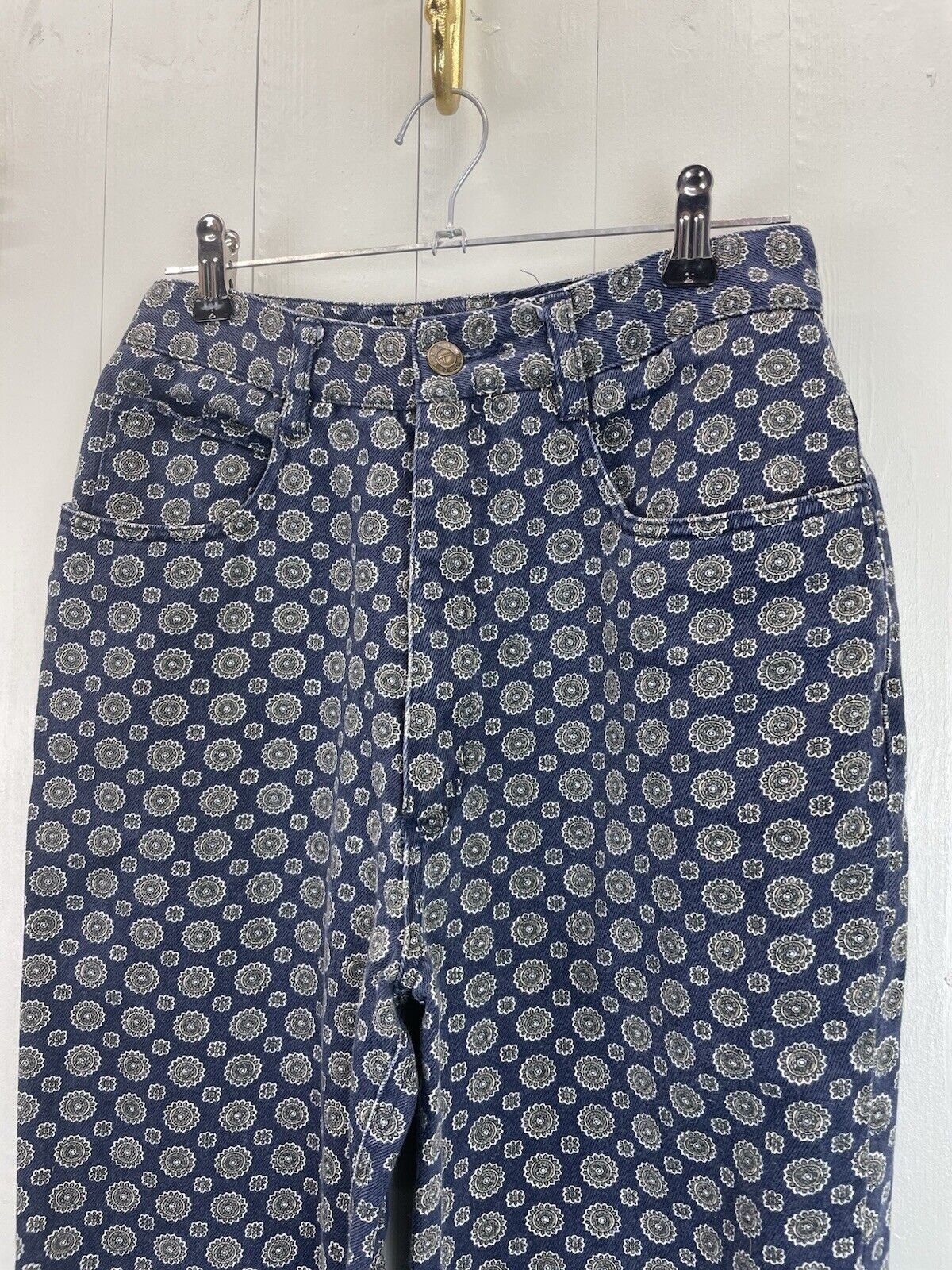 90s Size XS 6-8 W26 Blue Patterned High Waist Denim Mom Jeans Talbots