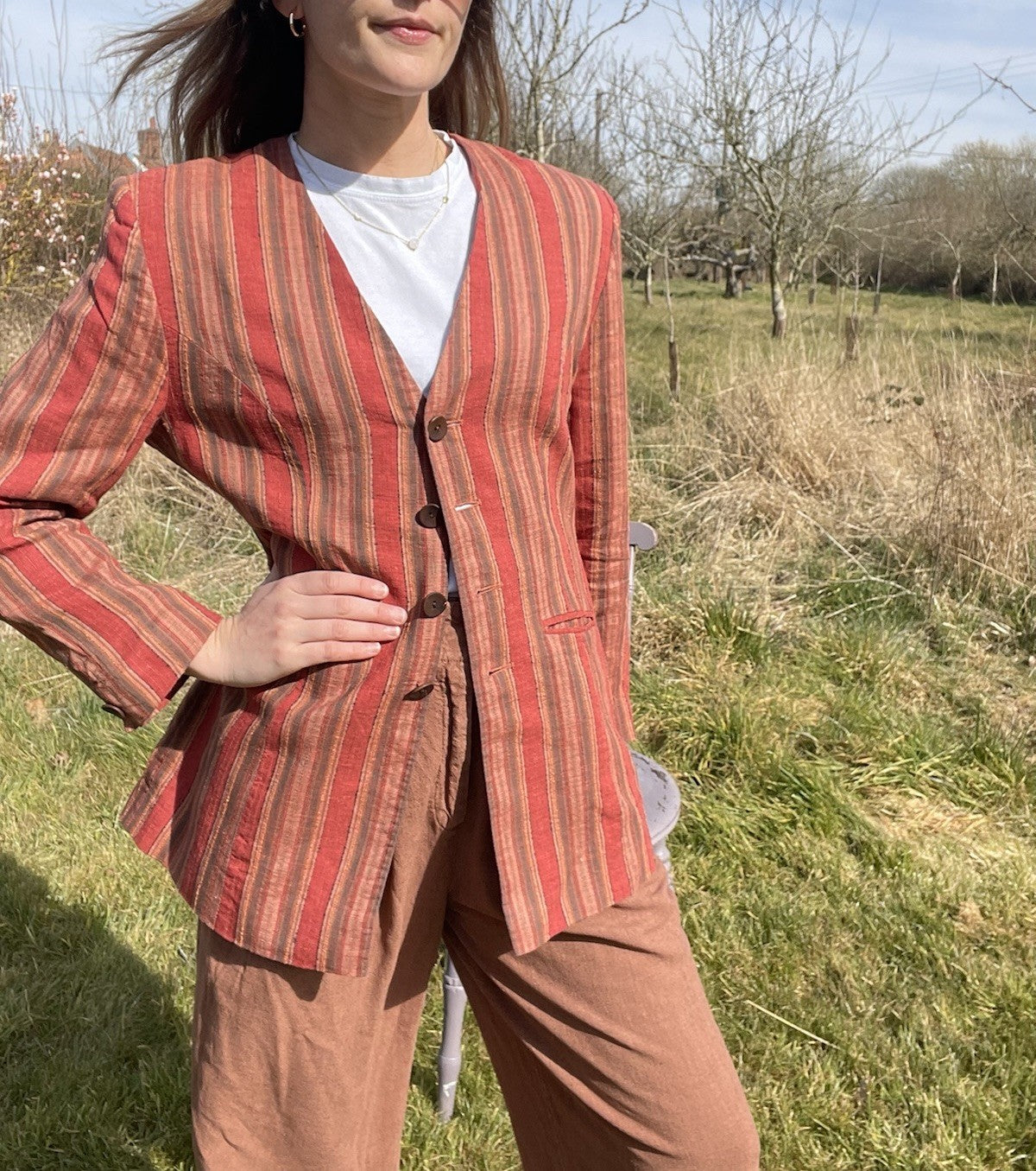 Vintage Size S 6-10 Red Boho Striped Linen Blend Blazer Jacket Précis