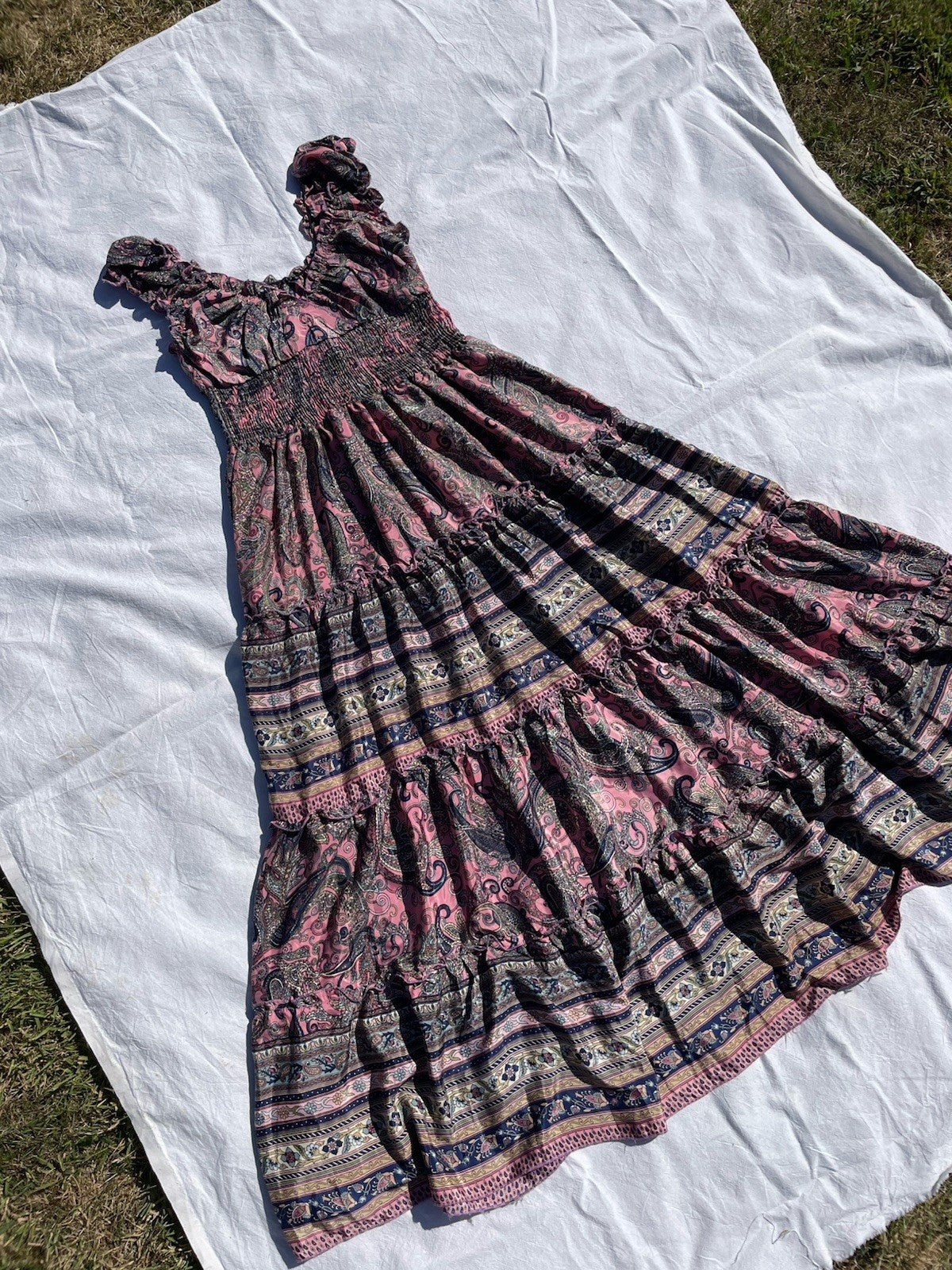 Vintage Free Size 10-20 Pink 80% Silk Boho Paisley Midi Sundress