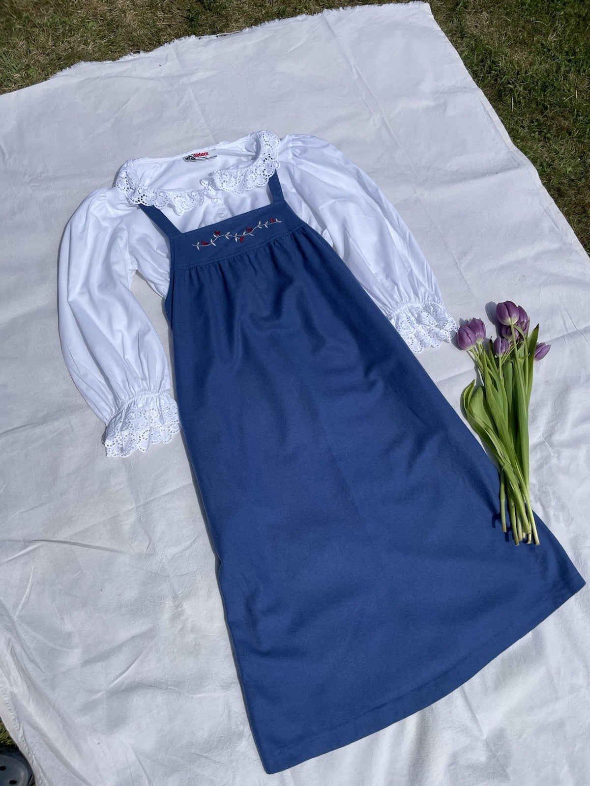 Vintage Size S 8-10 Blue Embroidered Wool Pinafore Midi Dress