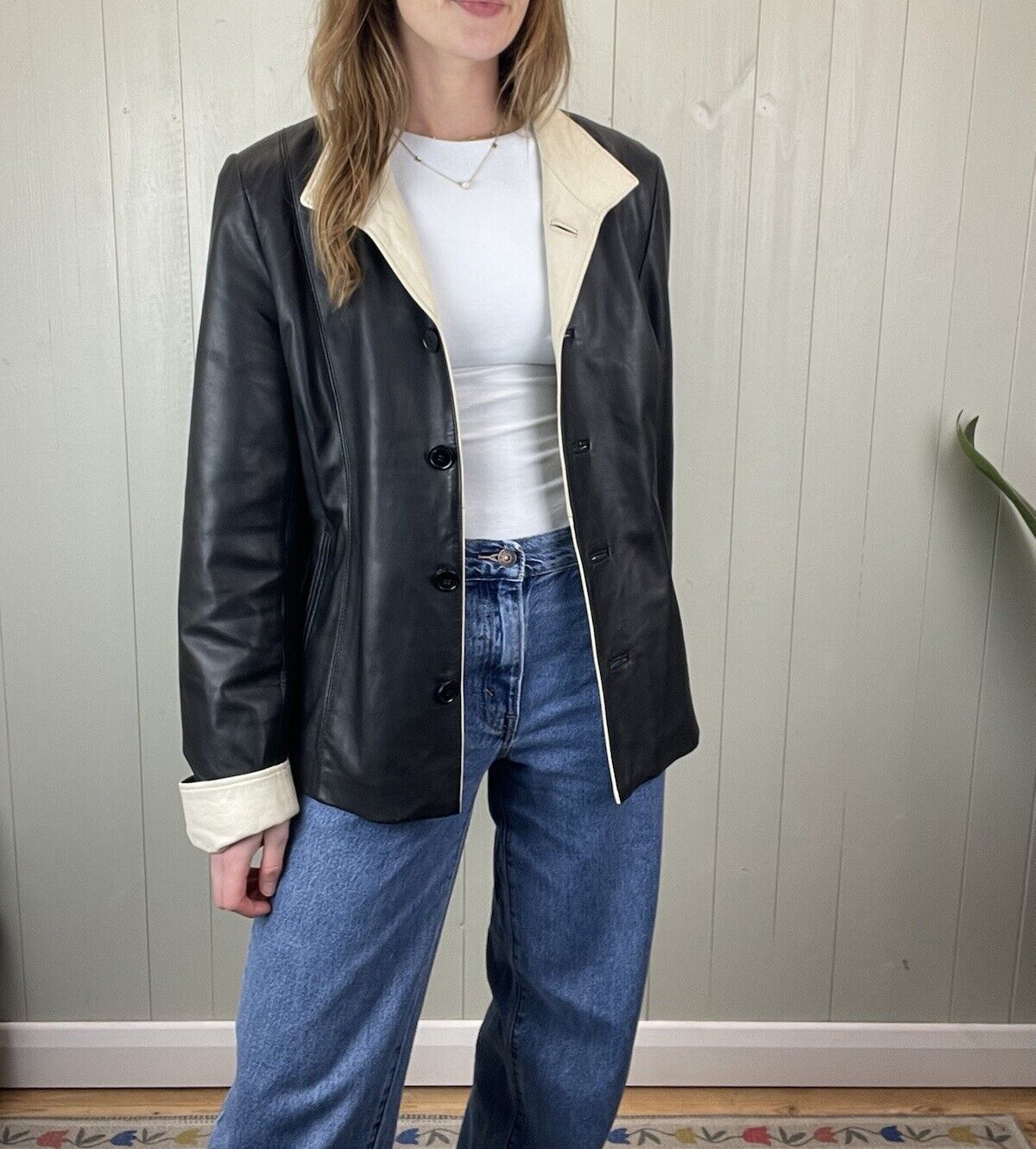Size L 10-14 Black White Trimmed Genuine Leather Jacket Blazer
