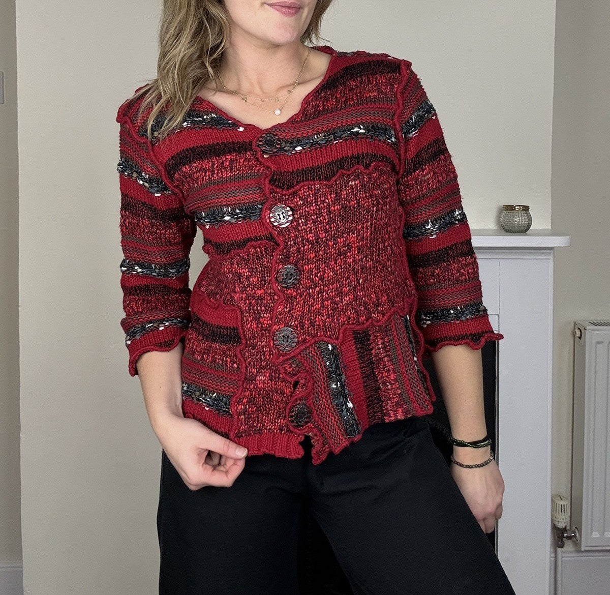 Vintage Size M 8-12 Red Patchwork Scalloped Knit Cardigan Jessica Graaf