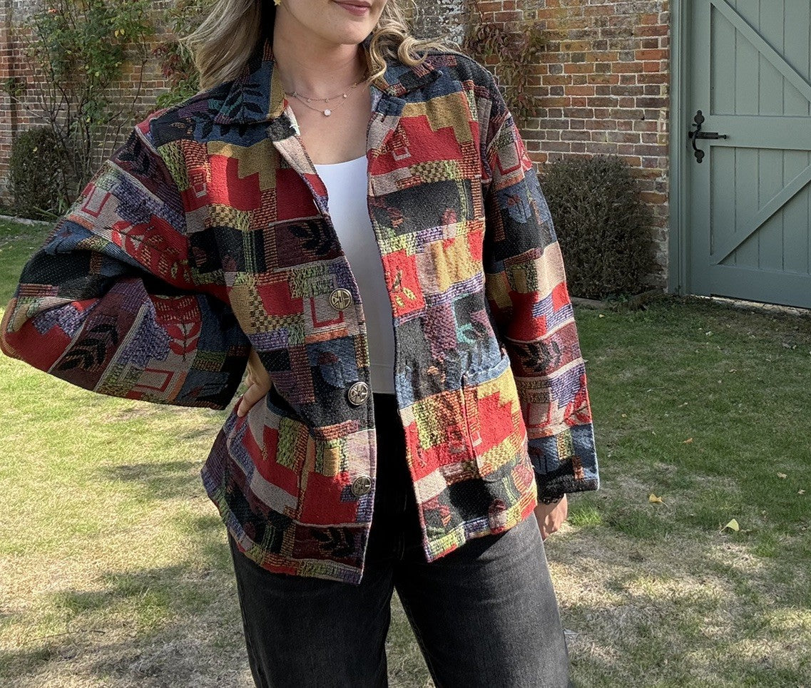 Vintage Size M 12-16 Boho Patchwork Pattern Tapestry Jacket by Jane Ashley