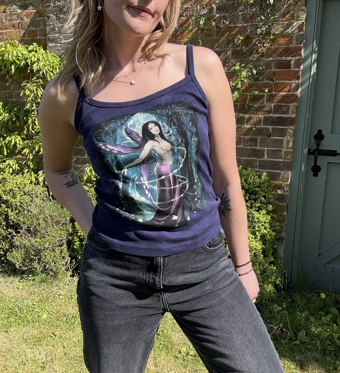 Vintage 90s Y2K Size M 10-12 Navy Whimsical Fairy Cotton Vest Top The Mountain