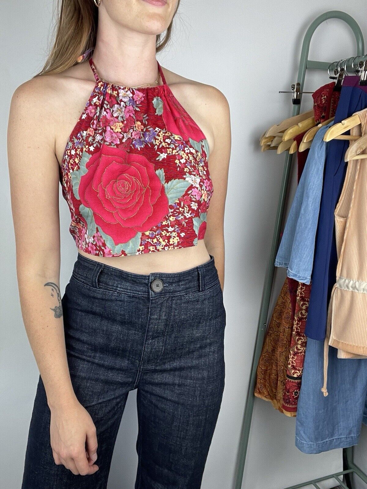 Free Size Red Floral Vintage Cotton Fabric Halterneck Top We Are Cow
