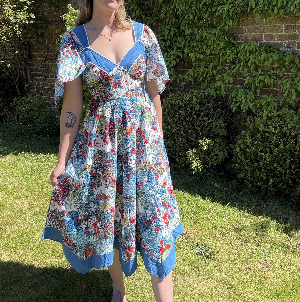 Vintage Size S 8-10 Blue Floral Sailor Style Cotton Midi Dress C&A