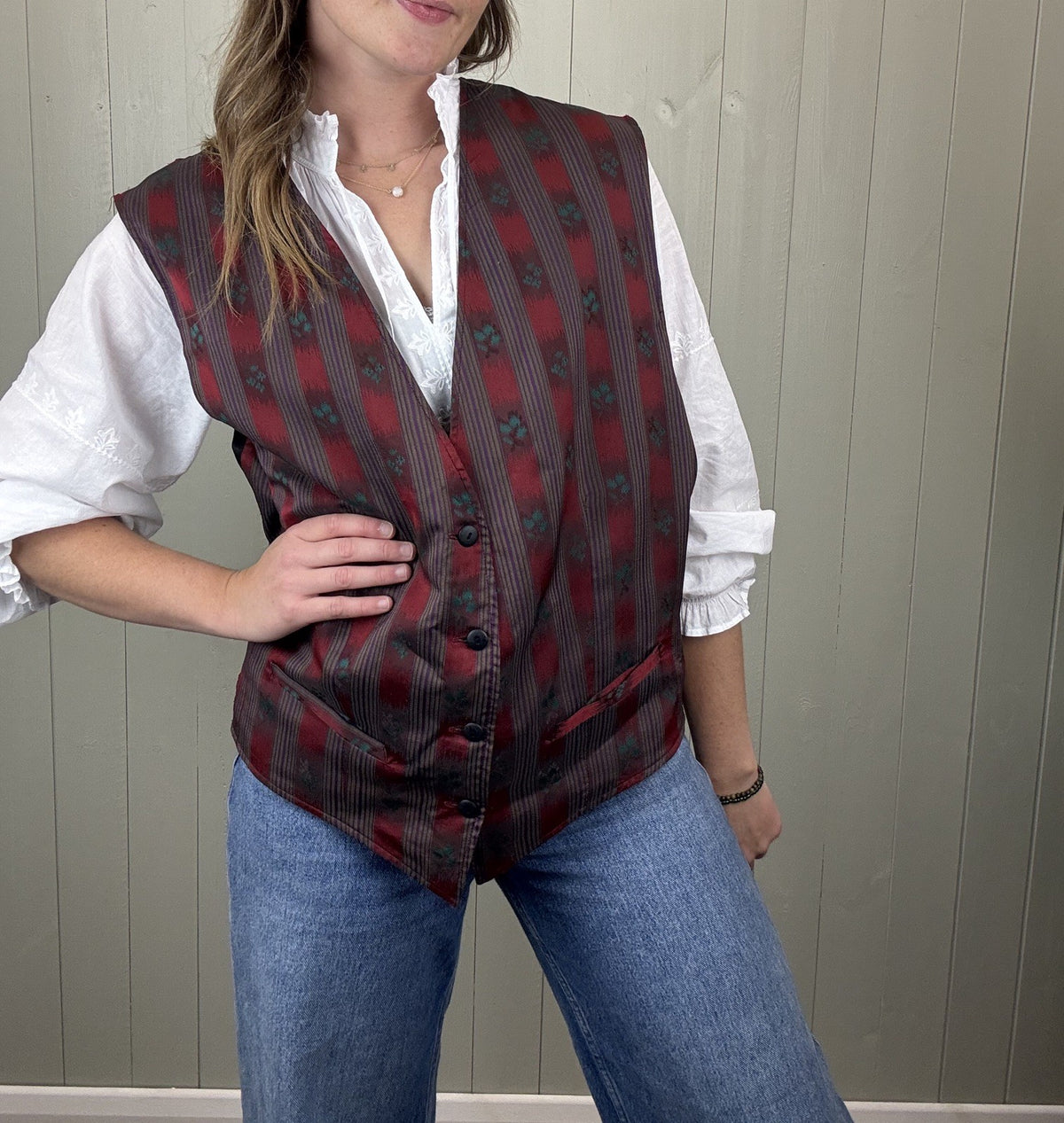 Vintage Size XL 14-16 Red Burgundy Striped Patterned Waistcoat Saint Andre