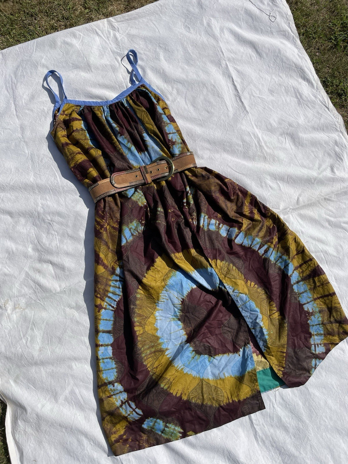 Vintage Size L 8-14 Brown Blue Boho Tie Dye Print Relaxed Midi Sun Dress