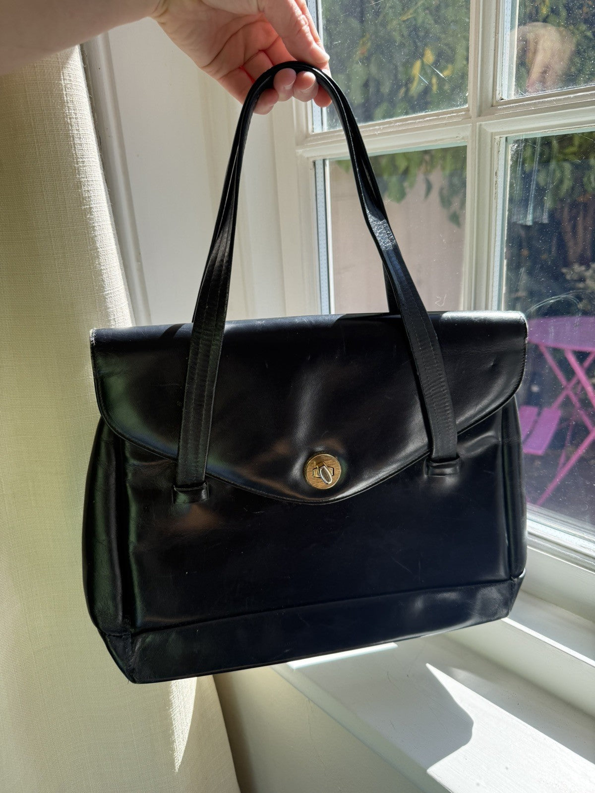 Vintage 1960s Dark Navy Genuine Leather Satchel Handbag Bag D H Evans