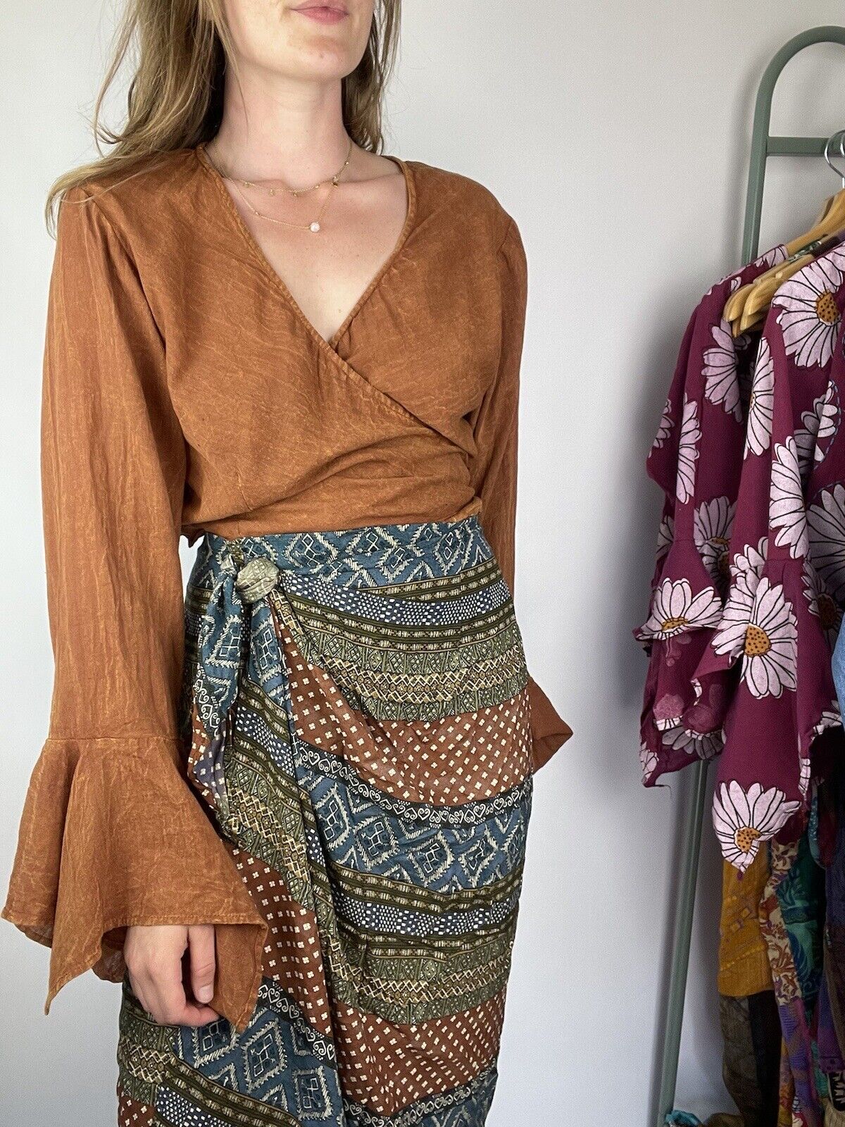 Free Size Brown Boho Flared Sleeve Cotton Wrap Top Gringo