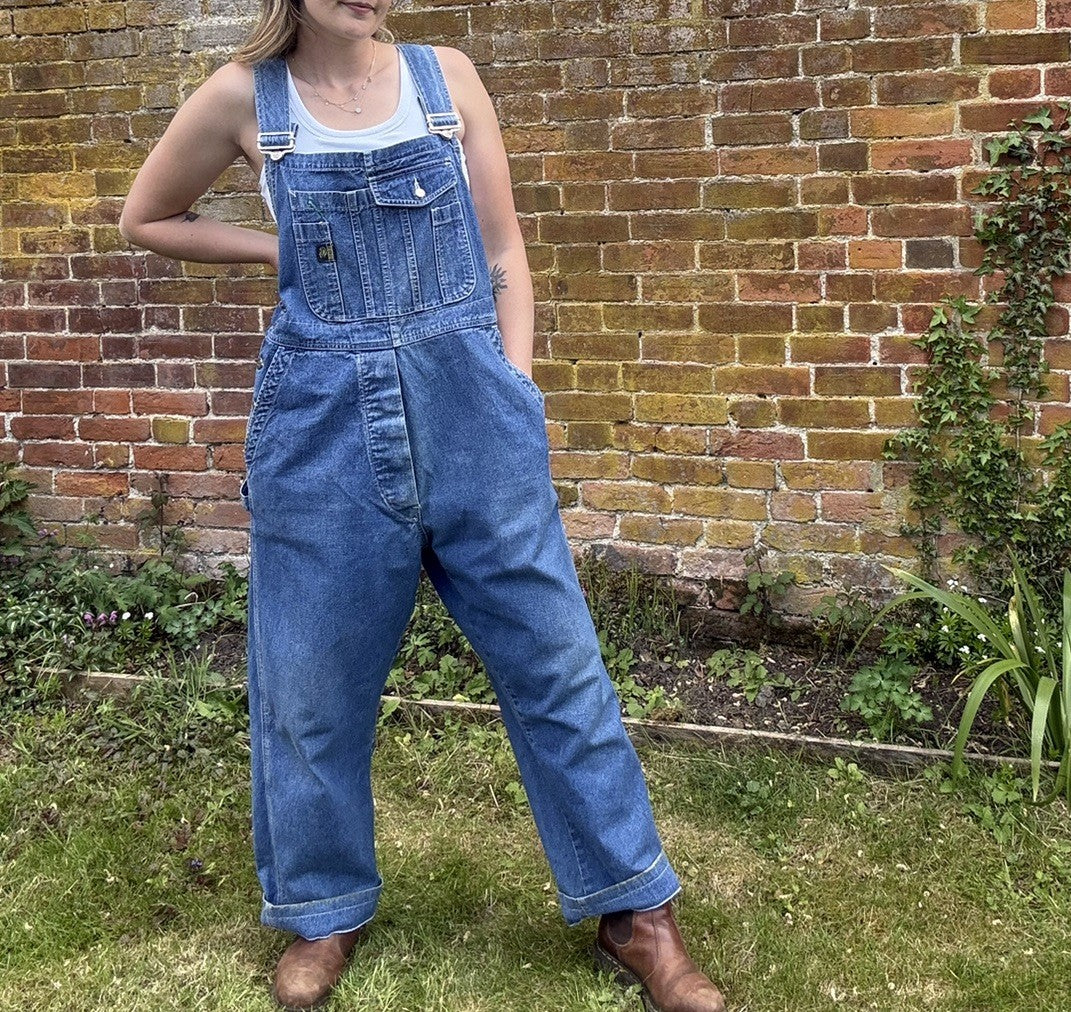 Vintage 90s Size XL 16-18 Blue Worker Denim Carpenter Dungarees Outsider