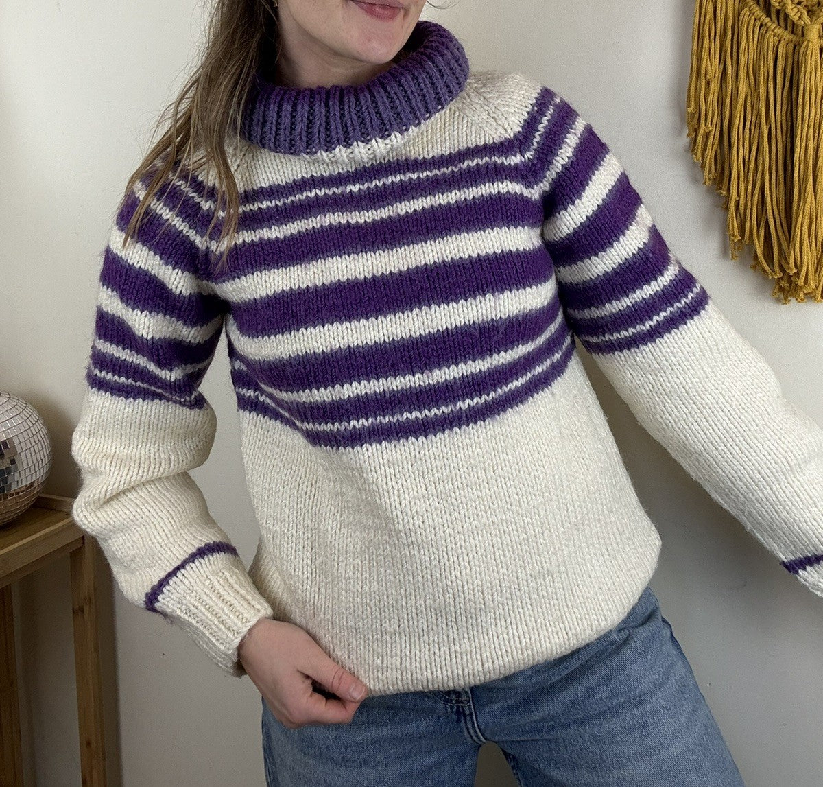 Vintage Size S 6-10 White Purple Handmade Striped Knit Roll Neck Jumper