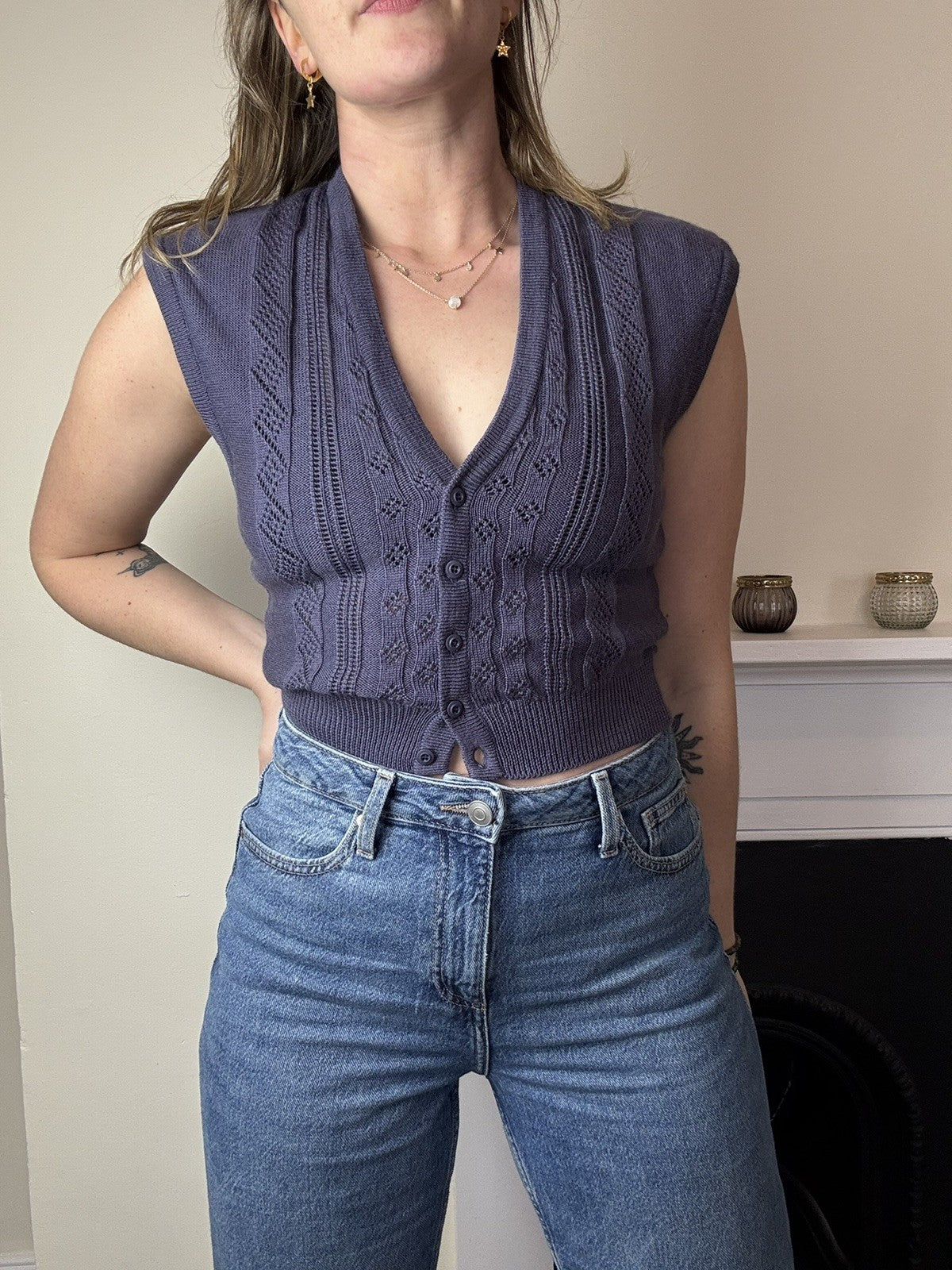 Vintage Size XS 6 & 8 Purple 100% Wool Knit Vest Waistcoat Jaeger