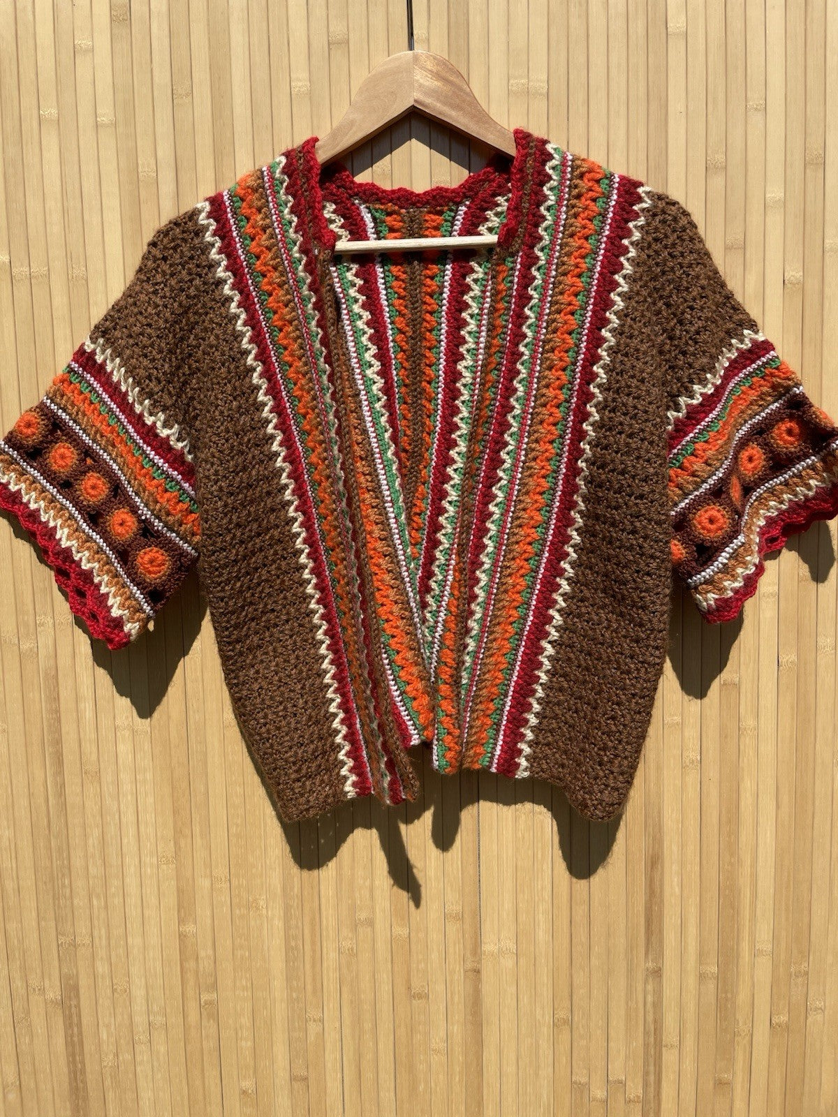 Vintage Size M 6-14 Brown Boho Hippy Open Crochet Knit Short Sleeve Cardigan