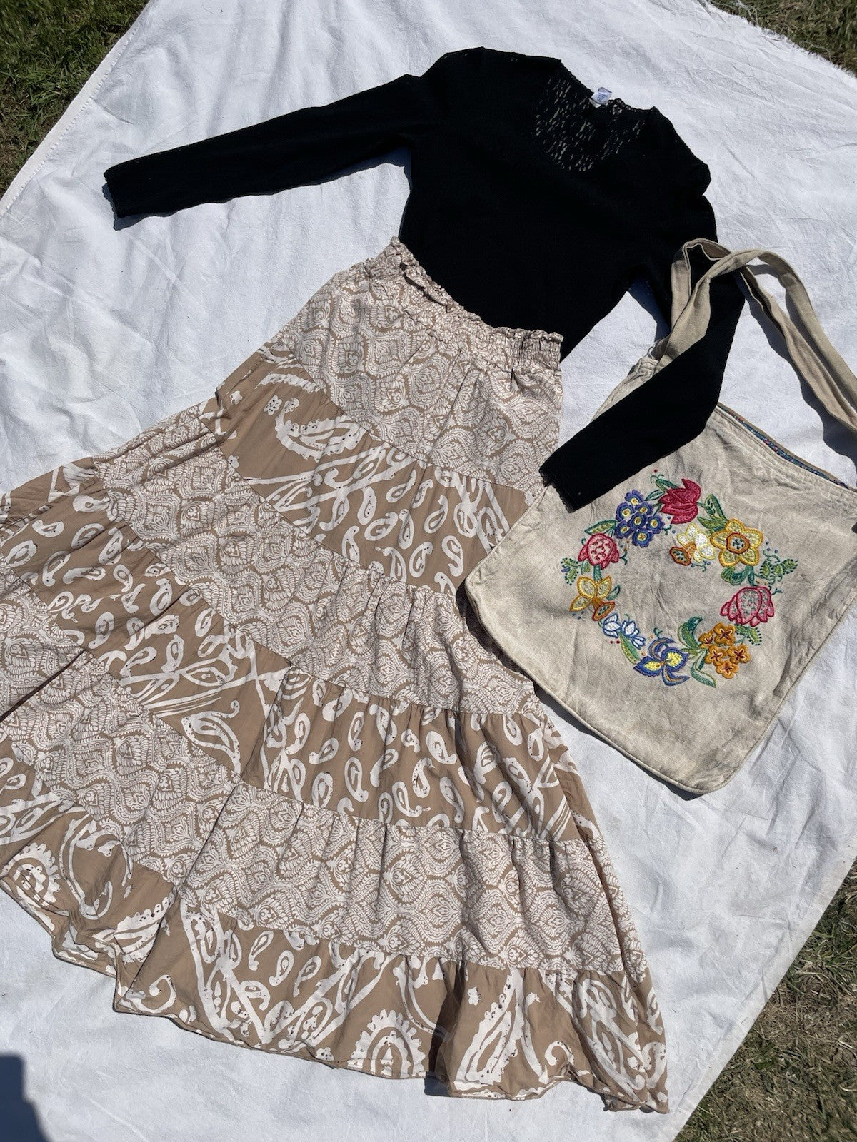 Vintage Free Size 8-16 Ecru Beige Boho Patterned Cotton Midi Maxi Gypsy Skirt
