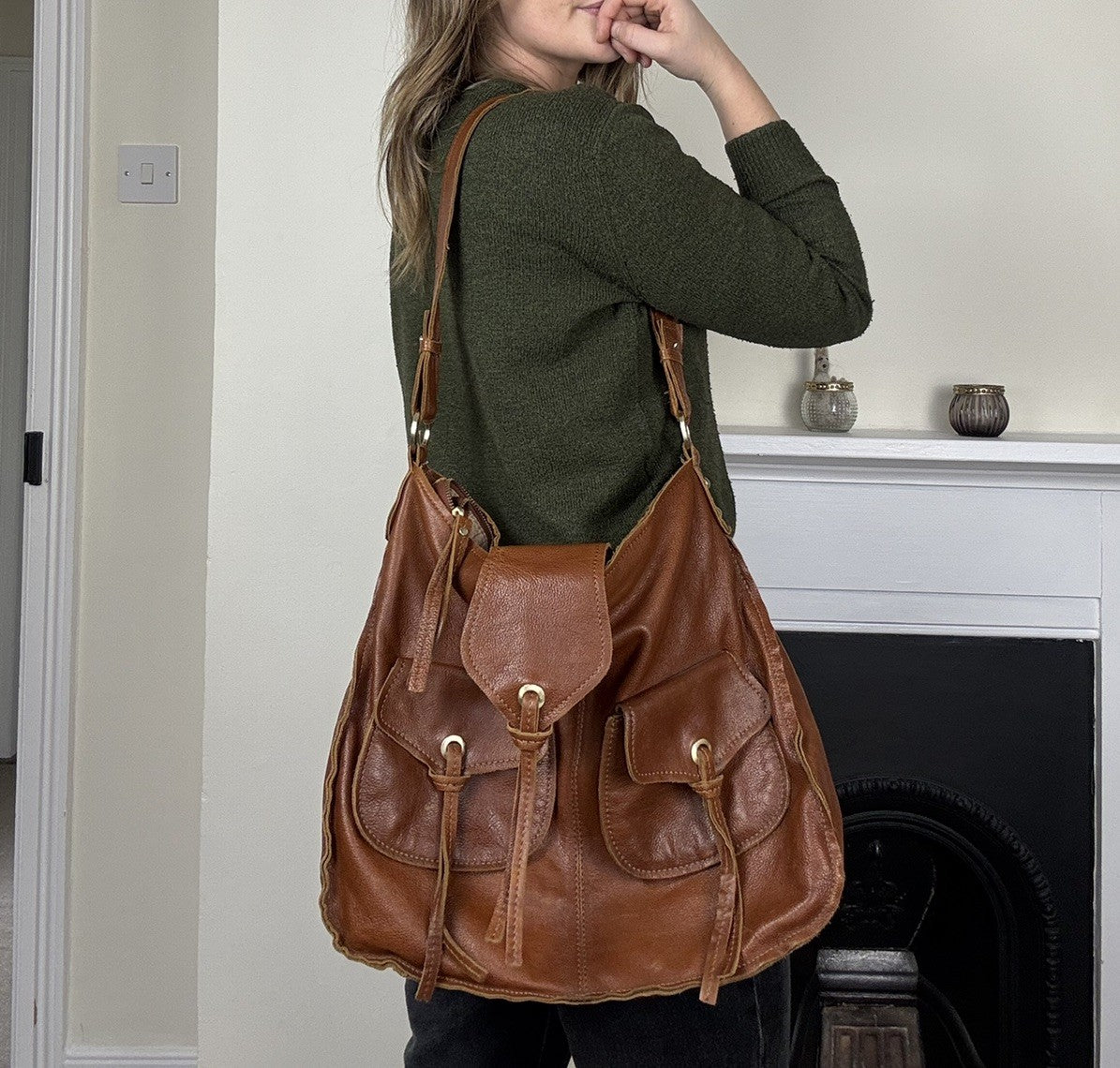 Vintage Brown Genuine Leather Tasselled Shoulder Bag Gigi Gold