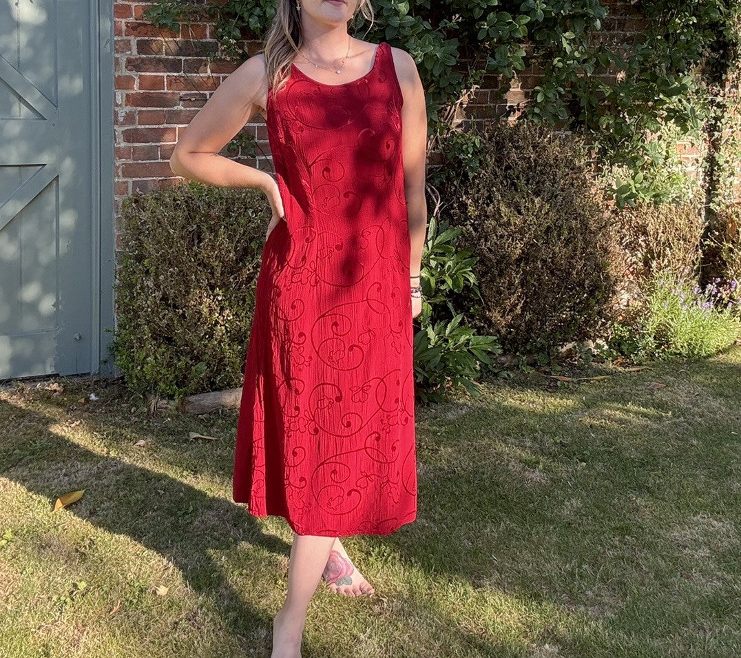 Vintage 90s Size S 8-10 Deep Red Boho Floral Embroidery Slip Dress St Michael