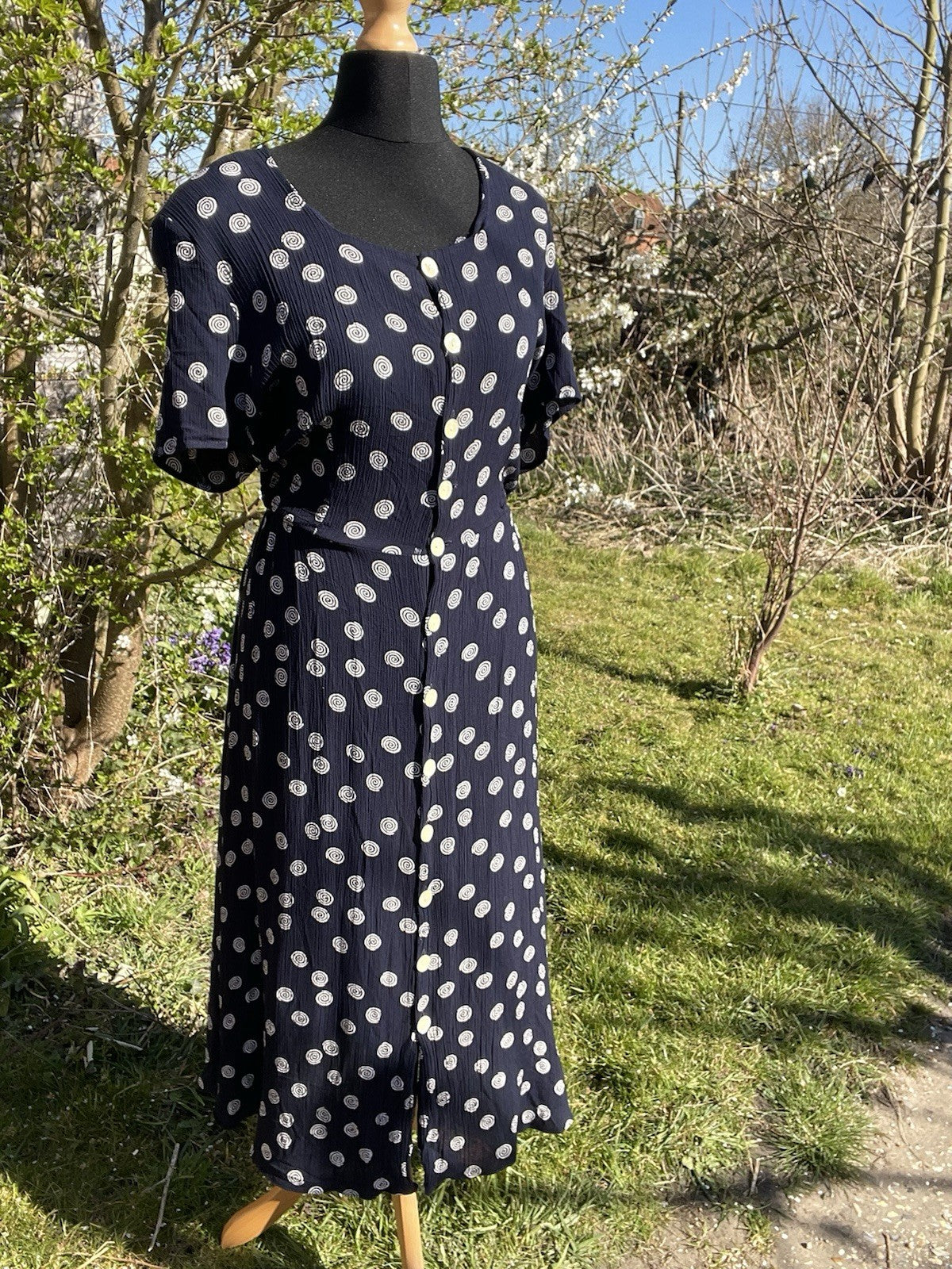 Vintage Size 3XL 18-20 Navy Swirl Print Crepe Midi Tea Dress St Michael