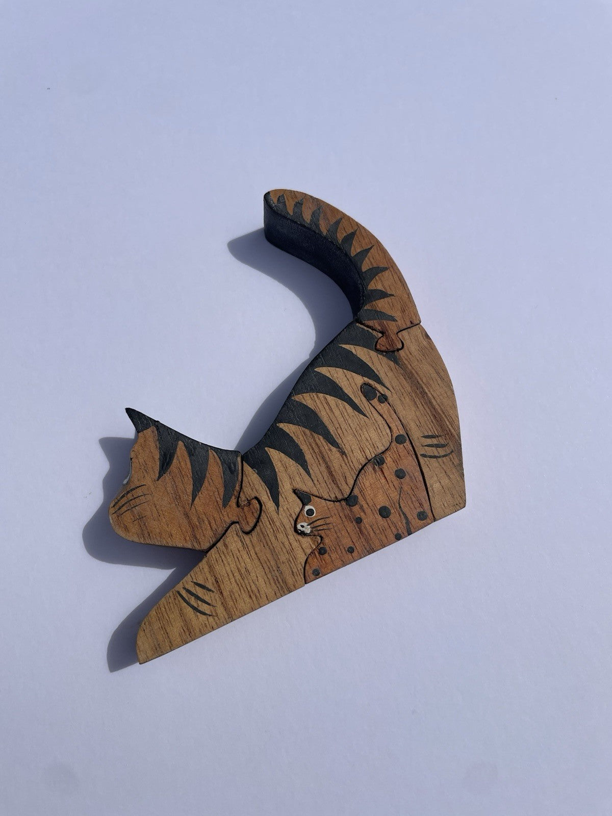 Vintage 90s Brown Wooden Cat Puzzle Home Decor