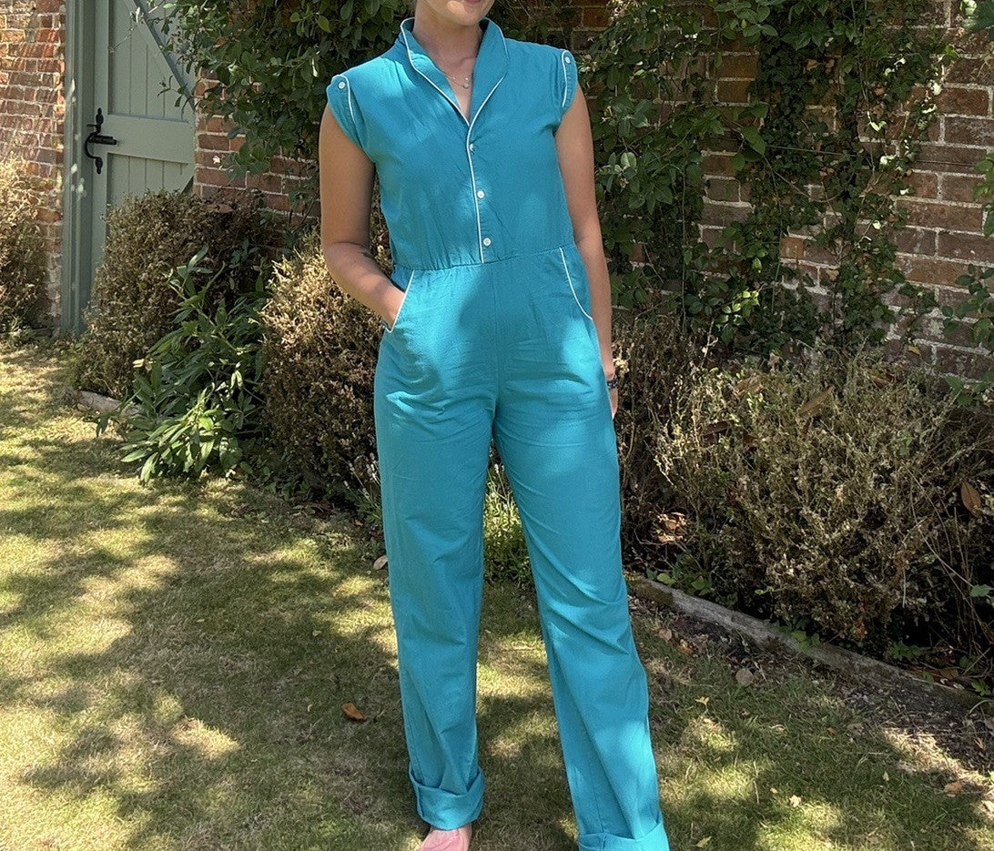 Vintage 80s Size S 6-10 Aqua Blue White Piped Sleeveless Jumpsuit Foxmoor