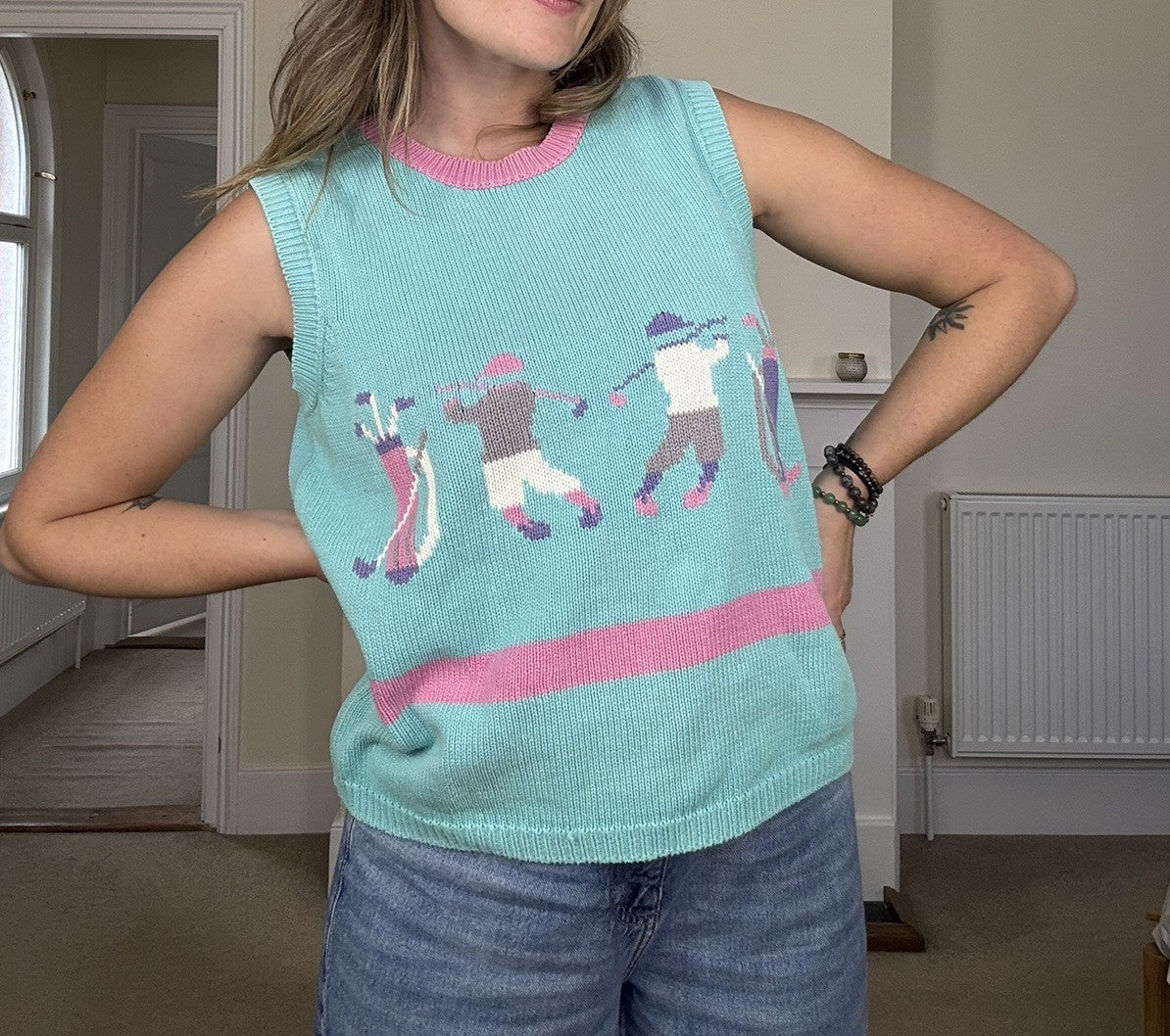 Vintage Size M 12-14 Mint Blue Pink Cotton Golf Knit Tank Top/Vest Doral Resort